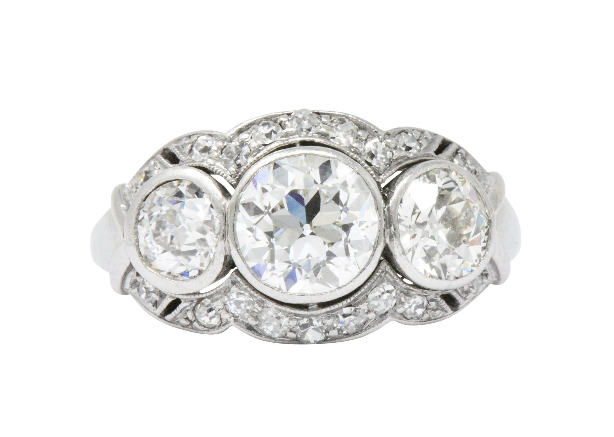 Retro 1940's Three Stone 2.60 CTW Diamond Palladium Ring Wilson's Estate Jewelry