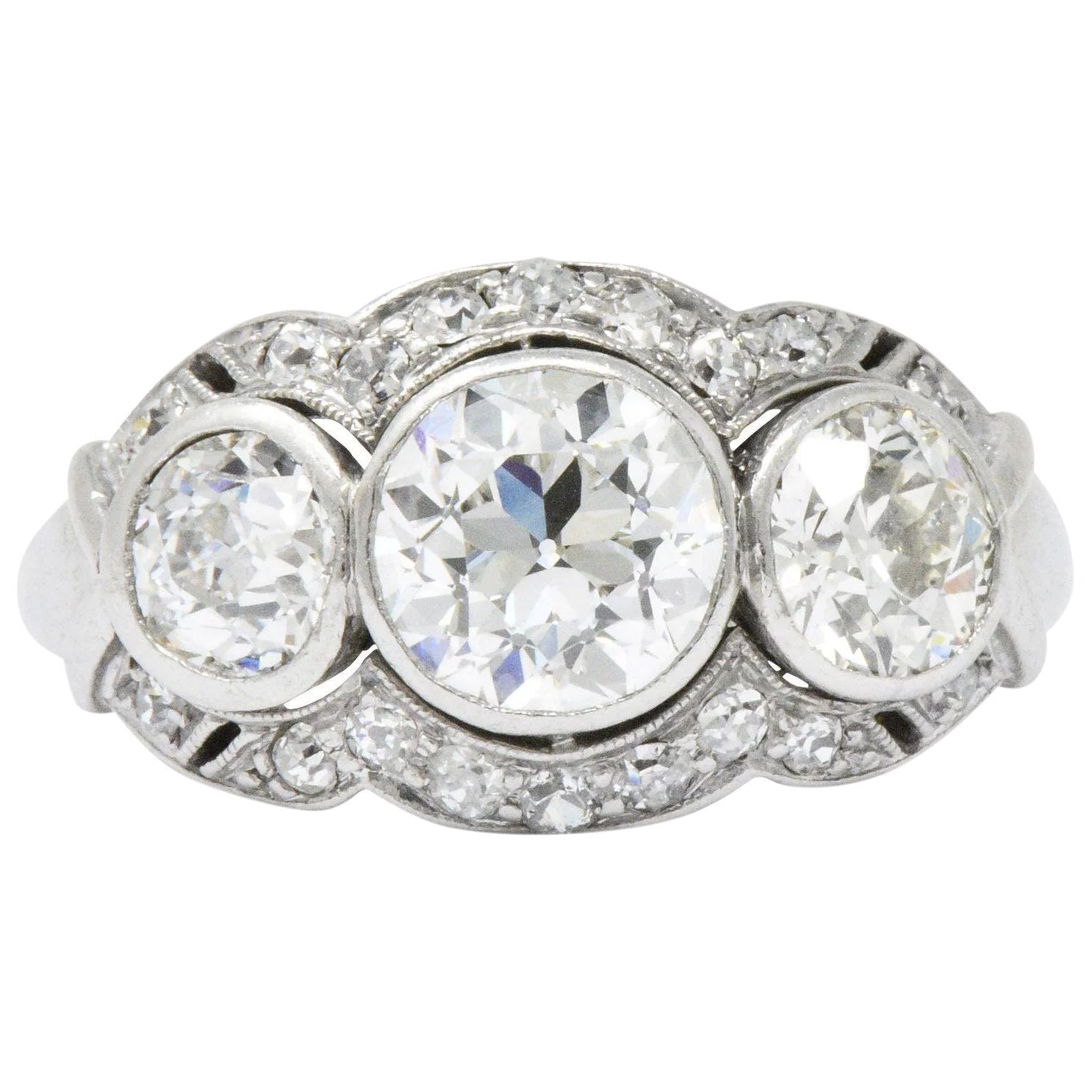 Retro 1940's Three Stone 2.60 CTW Diamond Palladium Ring Wilson's Estate Jewelry