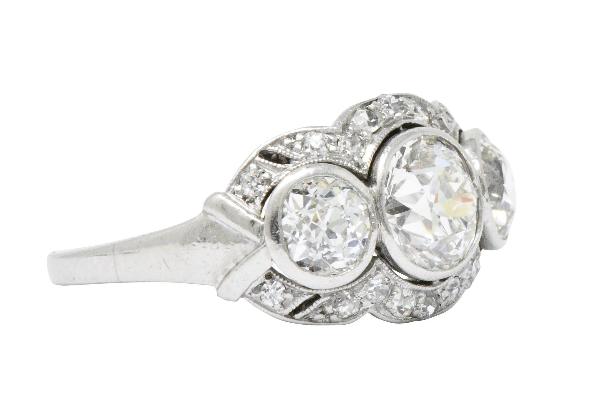 Retro 1940's Three Stone 2.60 CTW Diamond Palladium Ring Wilson's Estate Jewelry