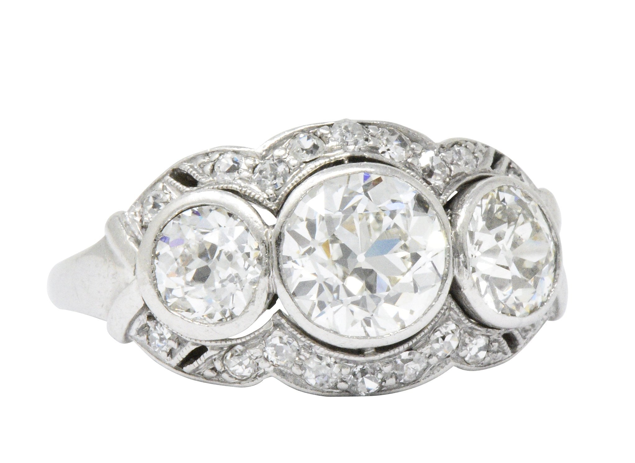 Retro 1940's Three Stone 2.60 CTW Diamond Palladium Ring Wilson's Estate Jewelry