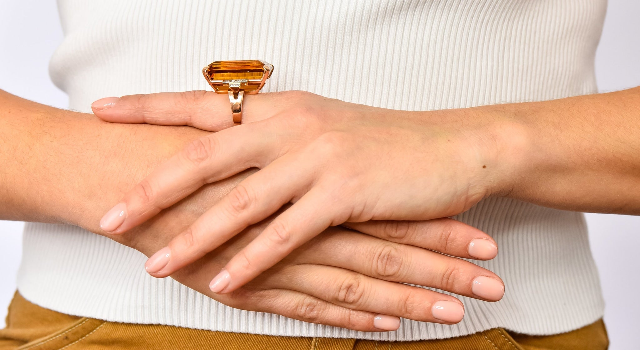 Retro 1950’s Citrine Diamond 14 Karat Gold Statement Cocktail Ring - Wilson's Estate Jewelry