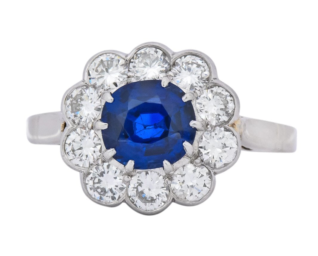 Retro 2.09 CTW No Heat Sapphire Diamond 14 Karat White Gold Cluster Ring GIA - Wilson's Estate Jewelry