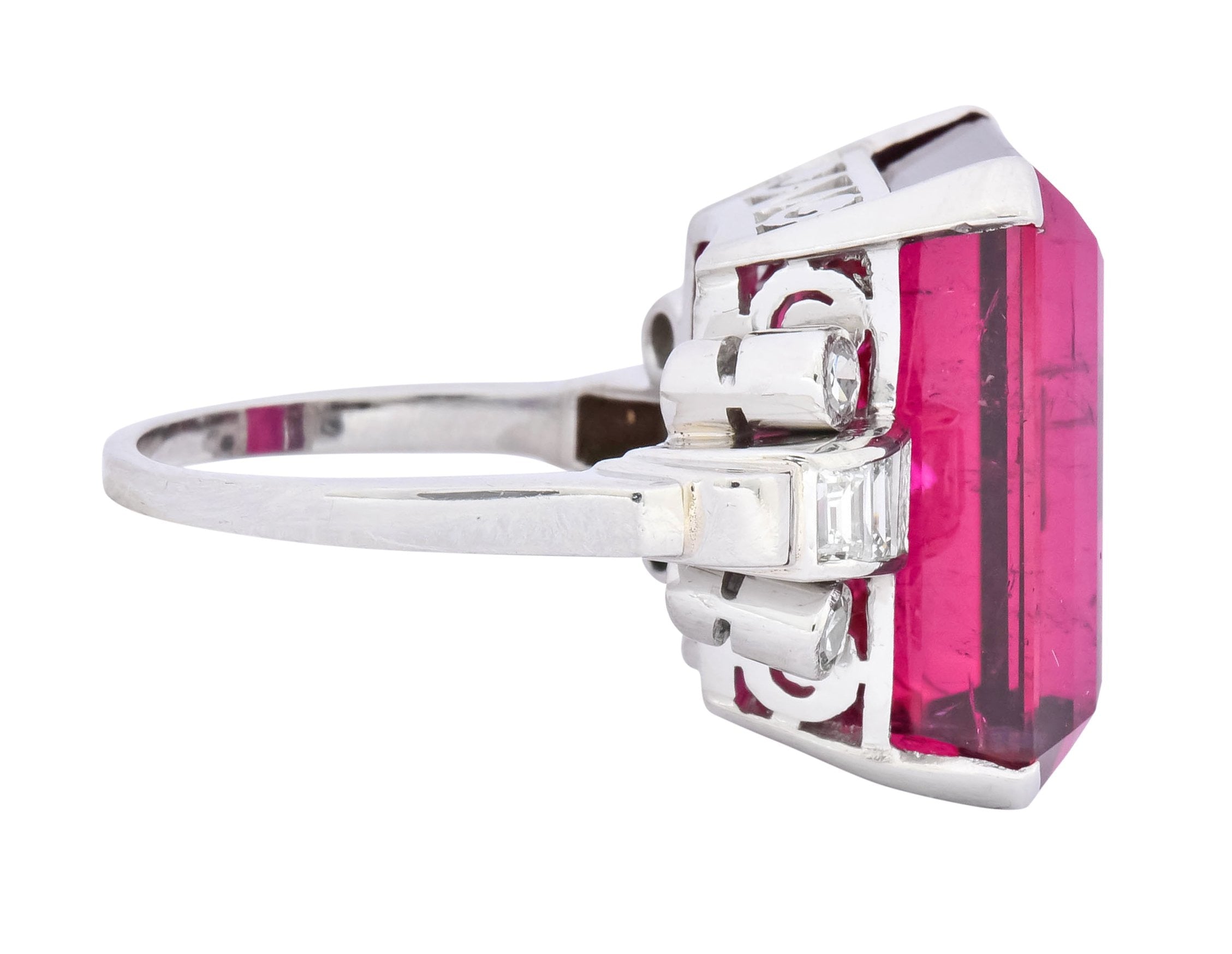 Retro 22.15 CTW Rubellite Tourmaline Diamond 18 Karat White Gold Cocktail Ring - Wilson's Estate Jewelry