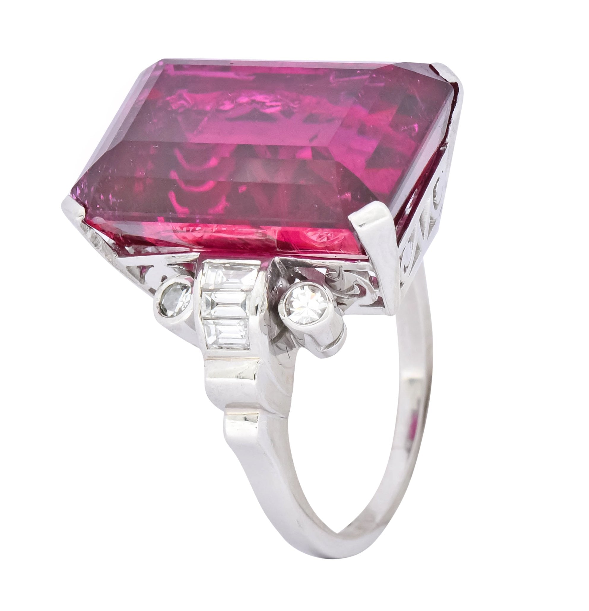 Retro 22.15 CTW Rubellite Tourmaline Diamond 18 Karat White Gold Cocktail Ring - Wilson's Estate Jewelry