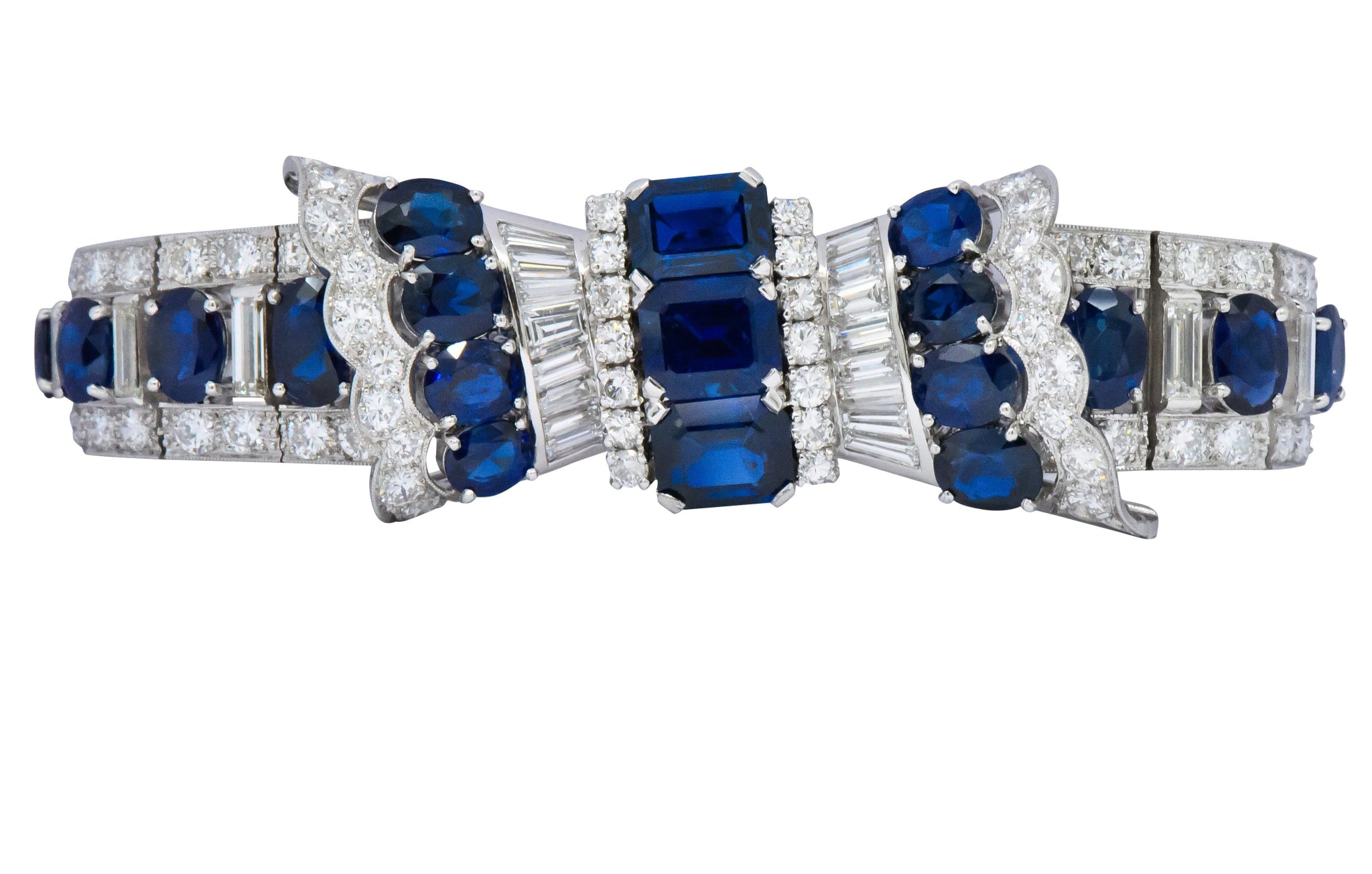 1950's Mid-Century 27.50 CTW Sapphire Diamond Platinum Bow Link Bracelet Wilson's Estate Jewelry