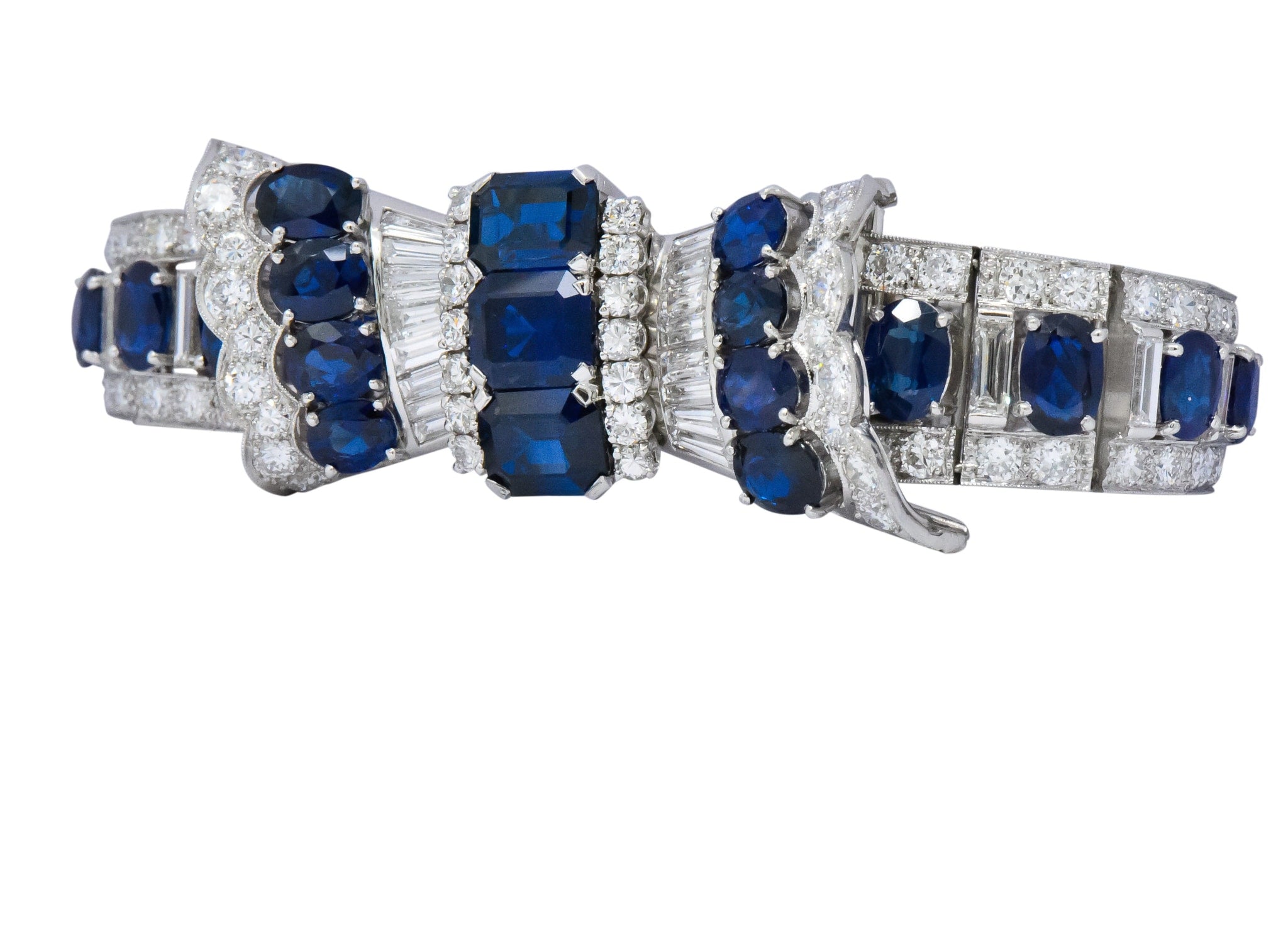 1950's Mid-Century 27.50 CTW Sapphire Diamond Platinum Bow Link Bracelet Wilson's Estate Jewelry