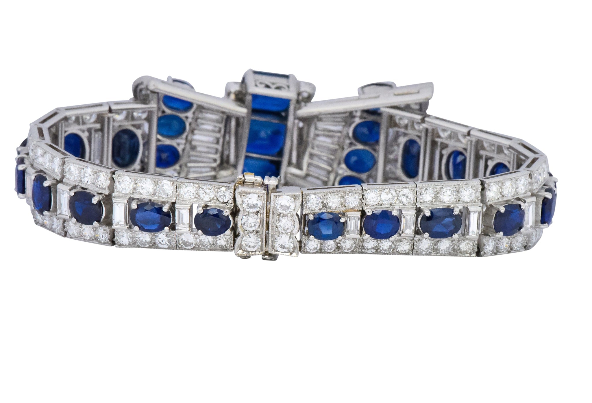 1950's Mid-Century 27.50 CTW Sapphire Diamond Platinum Bow Link Bracelet Wilson's Estate Jewelry