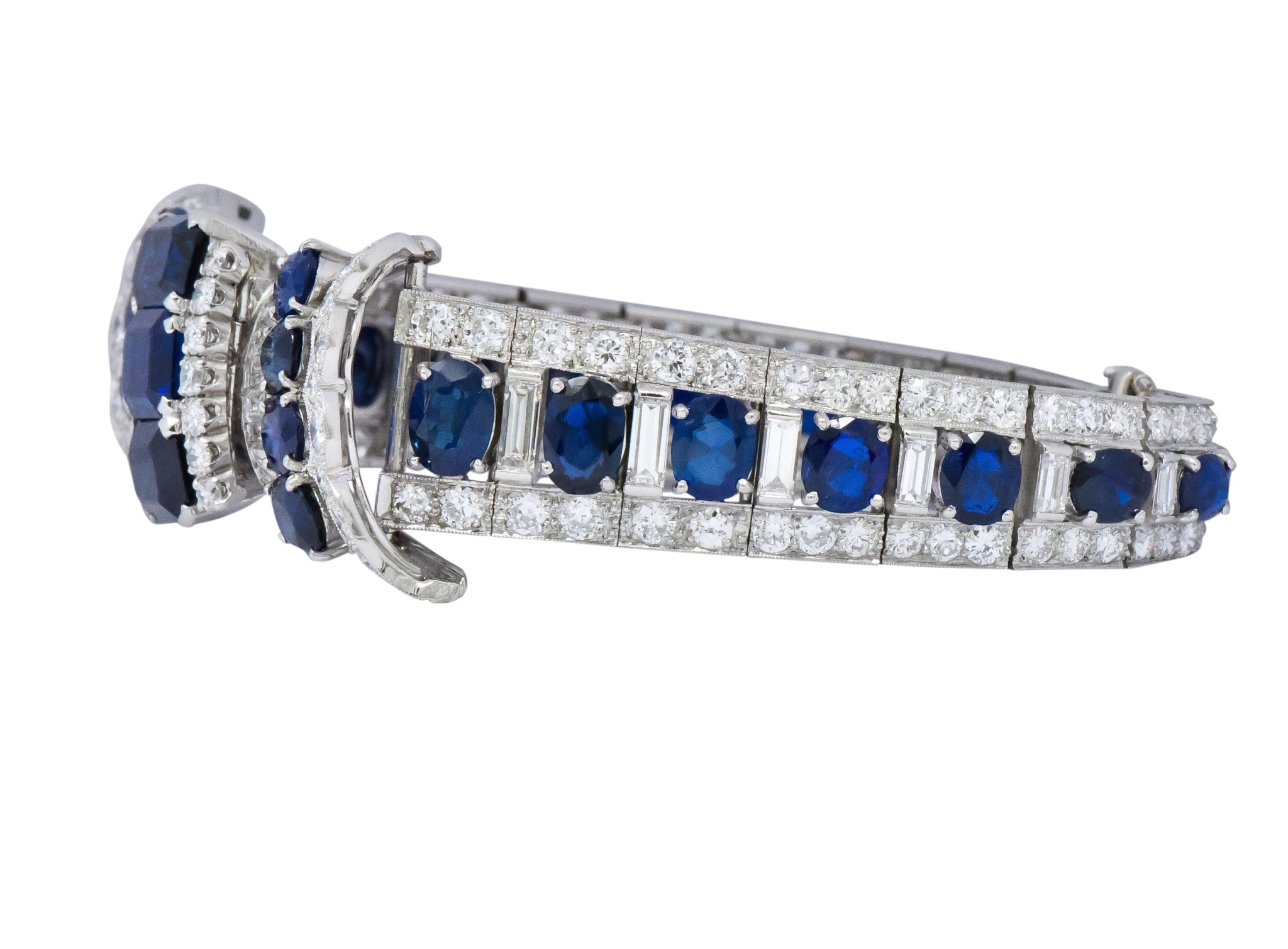 1950's Mid-Century 27.50 CTW Sapphire Diamond Platinum Bow Link Bracelet Wilson's Estate Jewelry