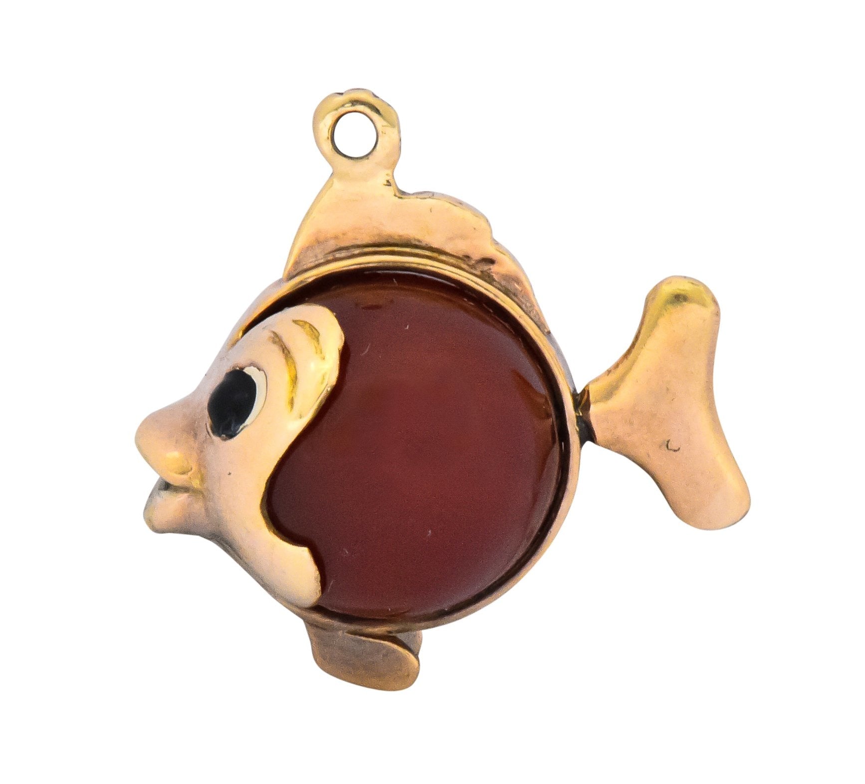 Retro Carnelian Enamel 14 Karat Gold Fish Charm - Wilson's Estate Jewelry