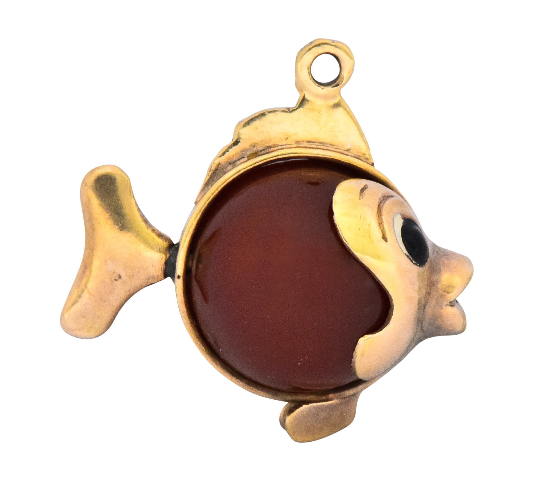 Retro Carnelian Enamel 14 Karat Gold Fish Charm - Wilson's Estate Jewelry