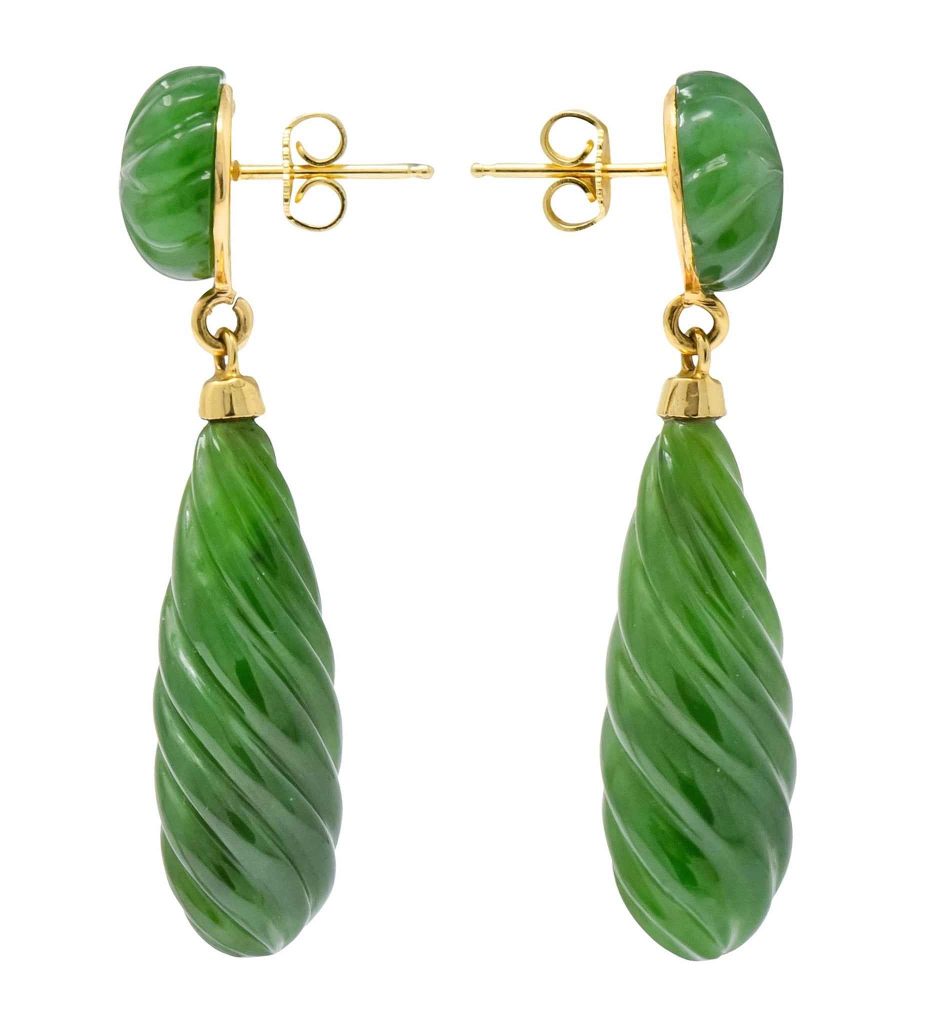 Retro Carved Jade 14 Karat Gold Swirl Drop Earrings - Wilson's Estate Jewelry