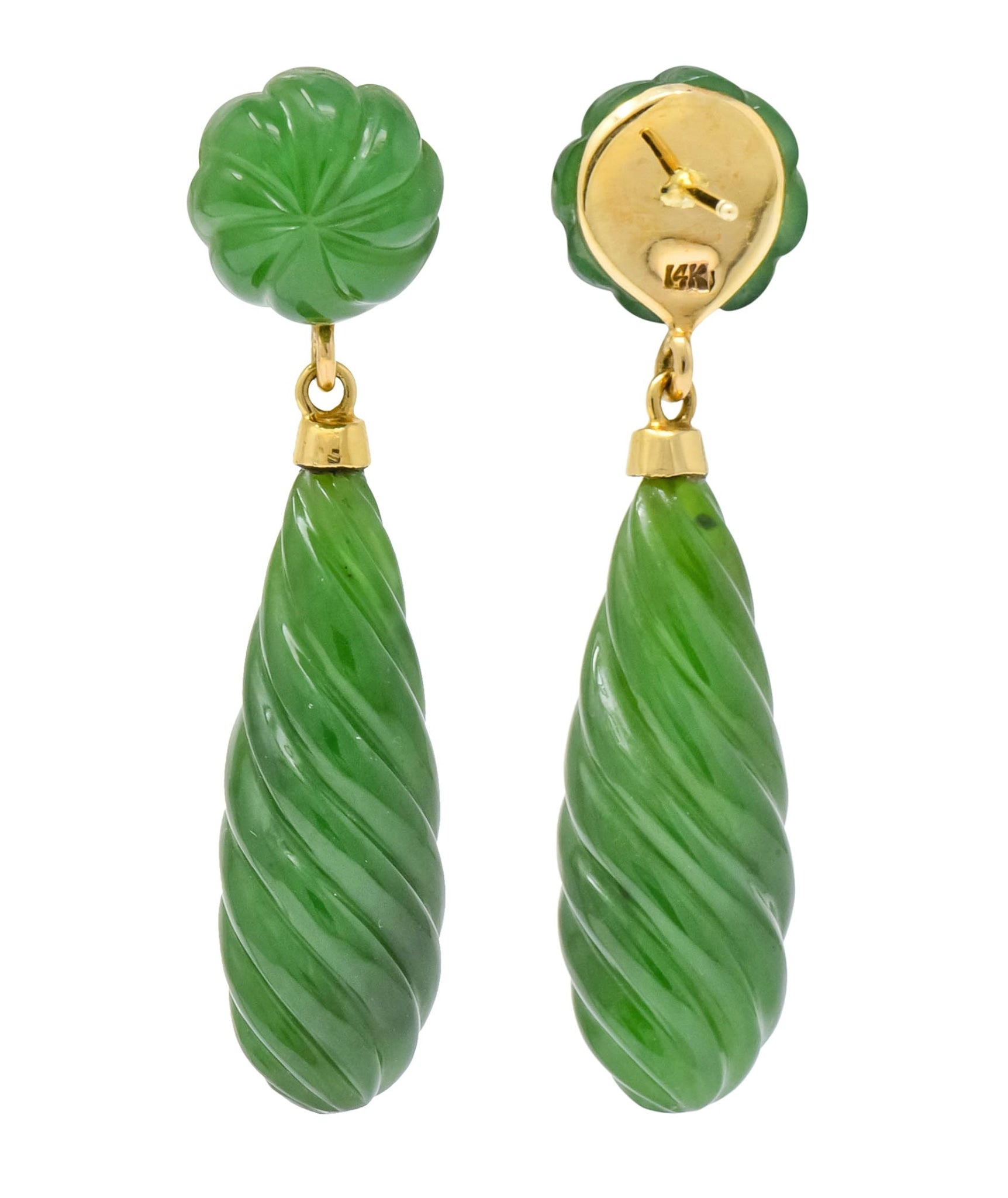 Retro Carved Jade 14 Karat Gold Swirl Drop Earrings - Wilson's Estate Jewelry