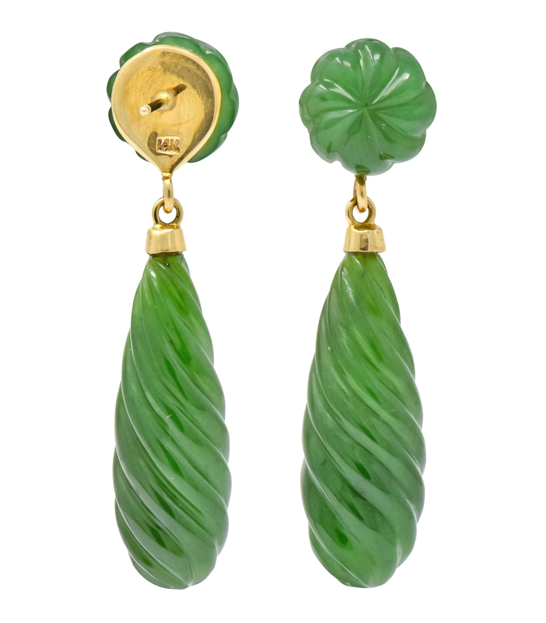 Retro Carved Jade 14 Karat Gold Swirl Drop Earrings - Wilson's Estate Jewelry