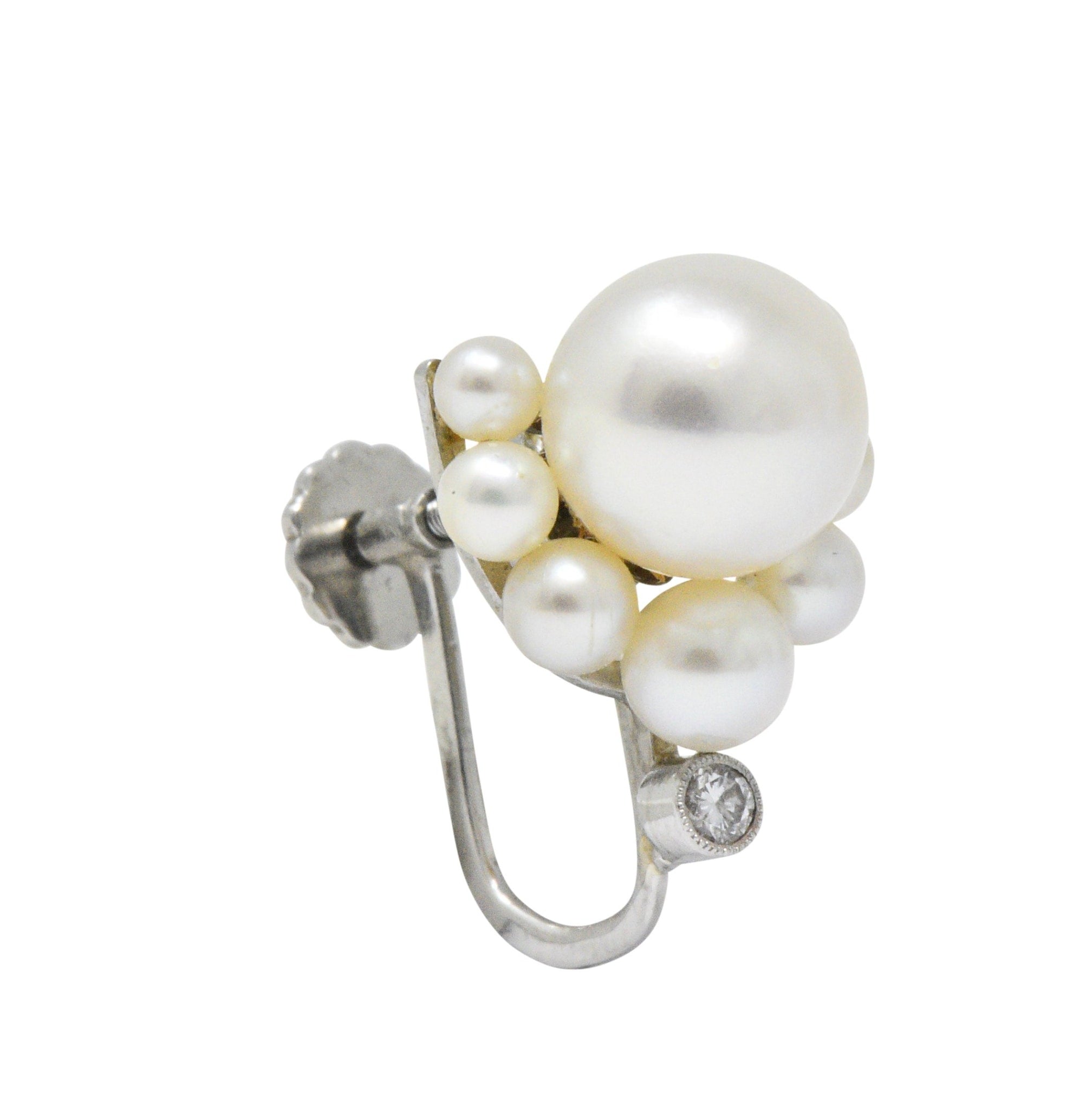 Retro Diamond Cultured Pearl Platinum Earrings Wilson's Estate Jewelry