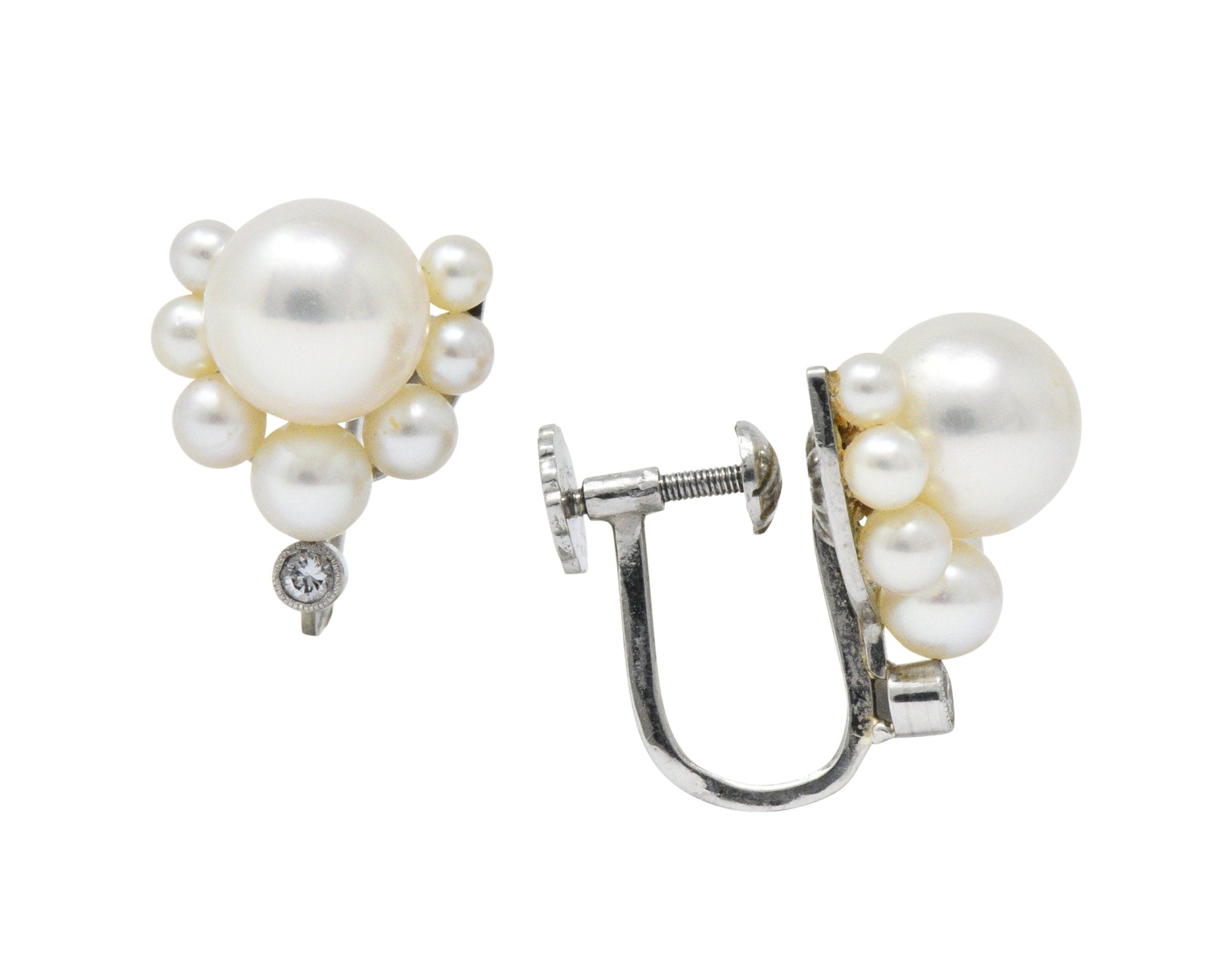 Retro Diamond Cultured Pearl Platinum Earrings Wilson's Estate Jewelry