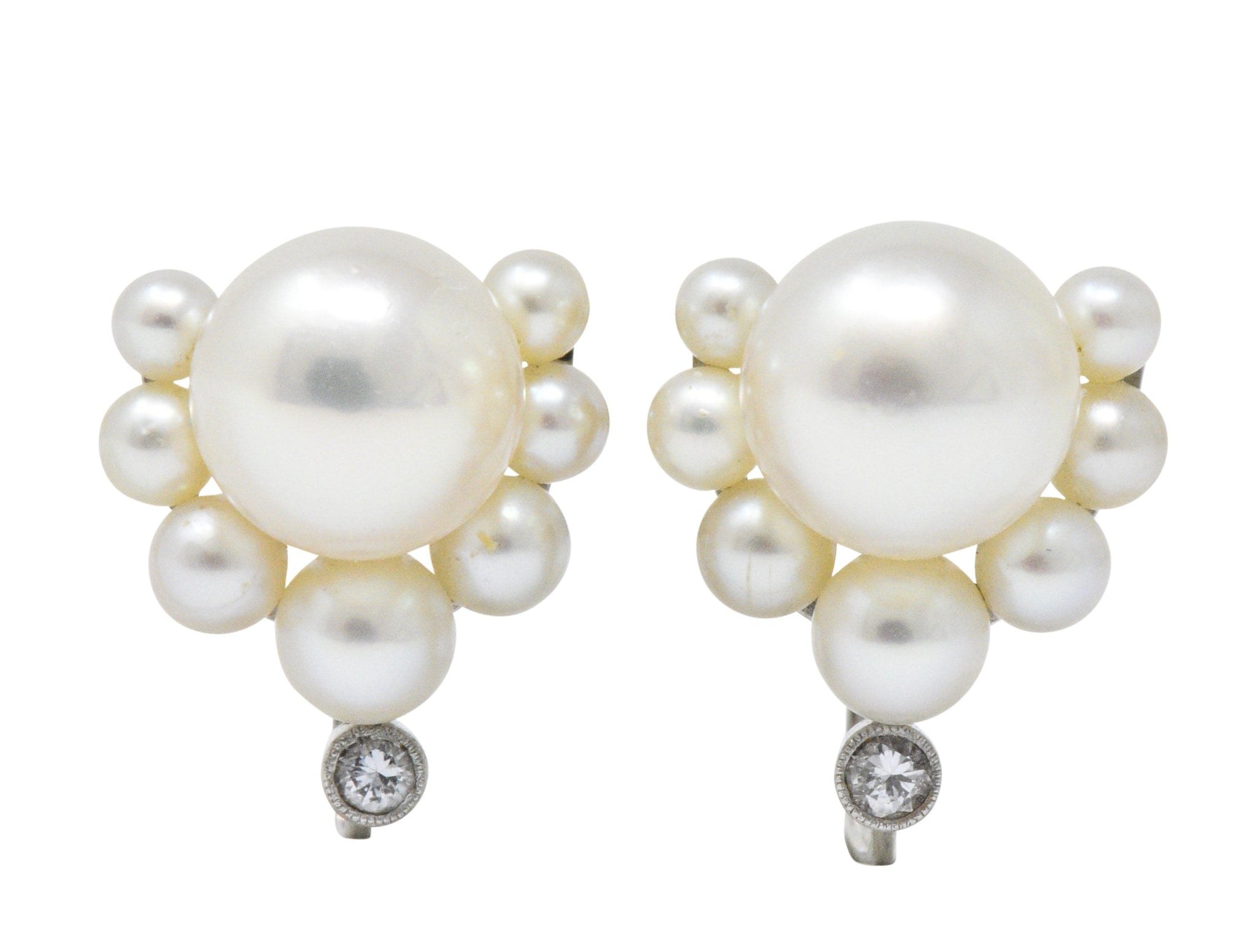 Retro Diamond Cultured Pearl Platinum Earrings Wilson's Estate Jewelry