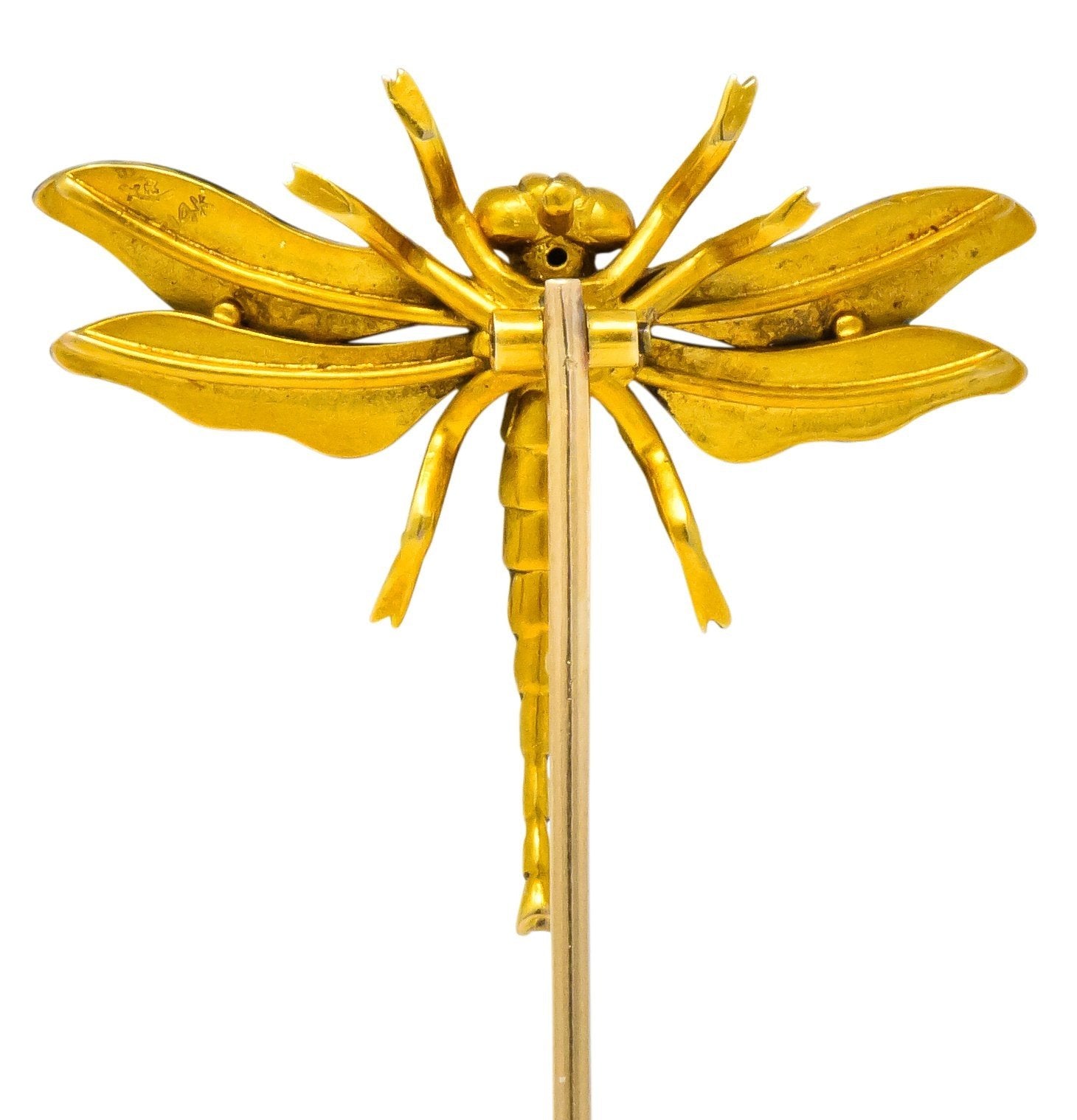 Riker Bros. Art Nouveau Ruby Demantoid Garnet Enamel 14 Karat Gold Dragonfly Stickpin - Wilson's Estate Jewelry