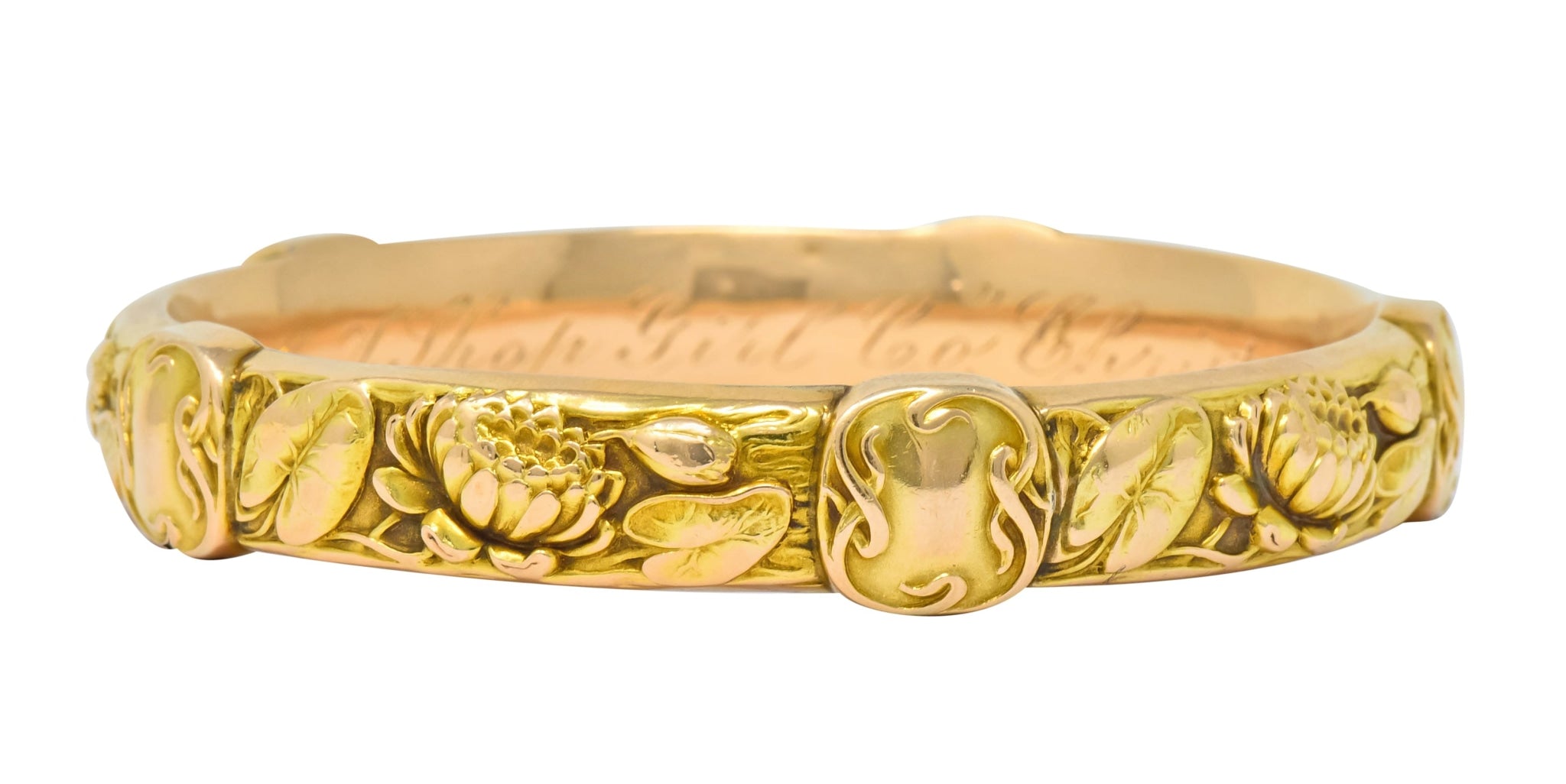 Riker Brothers Art Nouveau 14 Karat Gold Lotus Lily Pad Bangle Bracelet - Wilson's Estate Jewelry