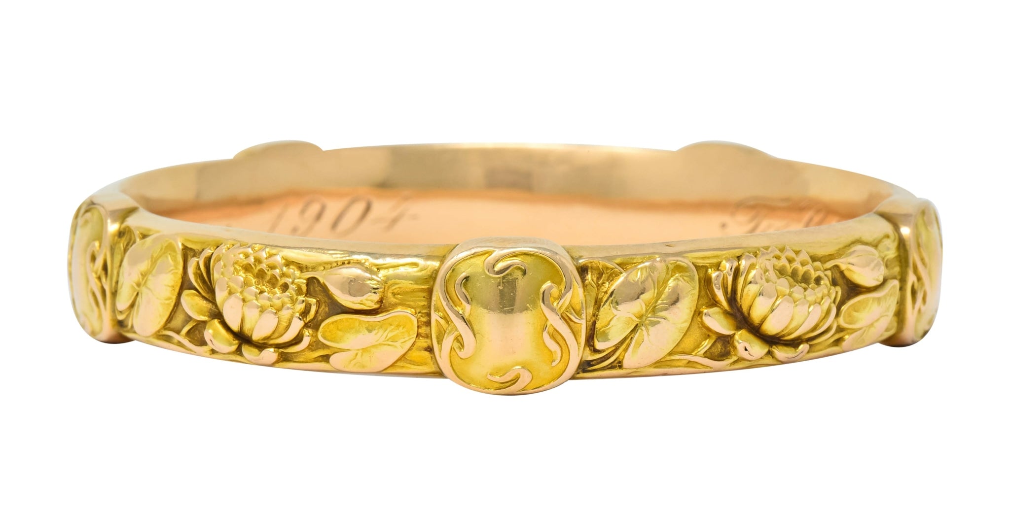 Riker Brothers Art Nouveau 14 Karat Gold Lotus Lily Pad Bangle Bracelet - Wilson's Estate Jewelry