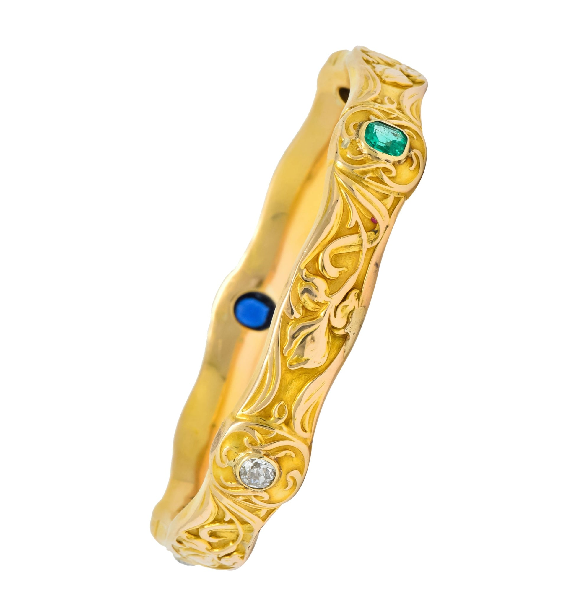 Riker Brothers Art Nouveau 3.50 CTW Diamond Emerald Sapphire 14 Karat Gold Iris Flower Bangle Bracelet - Wilson's Estate Jewelry