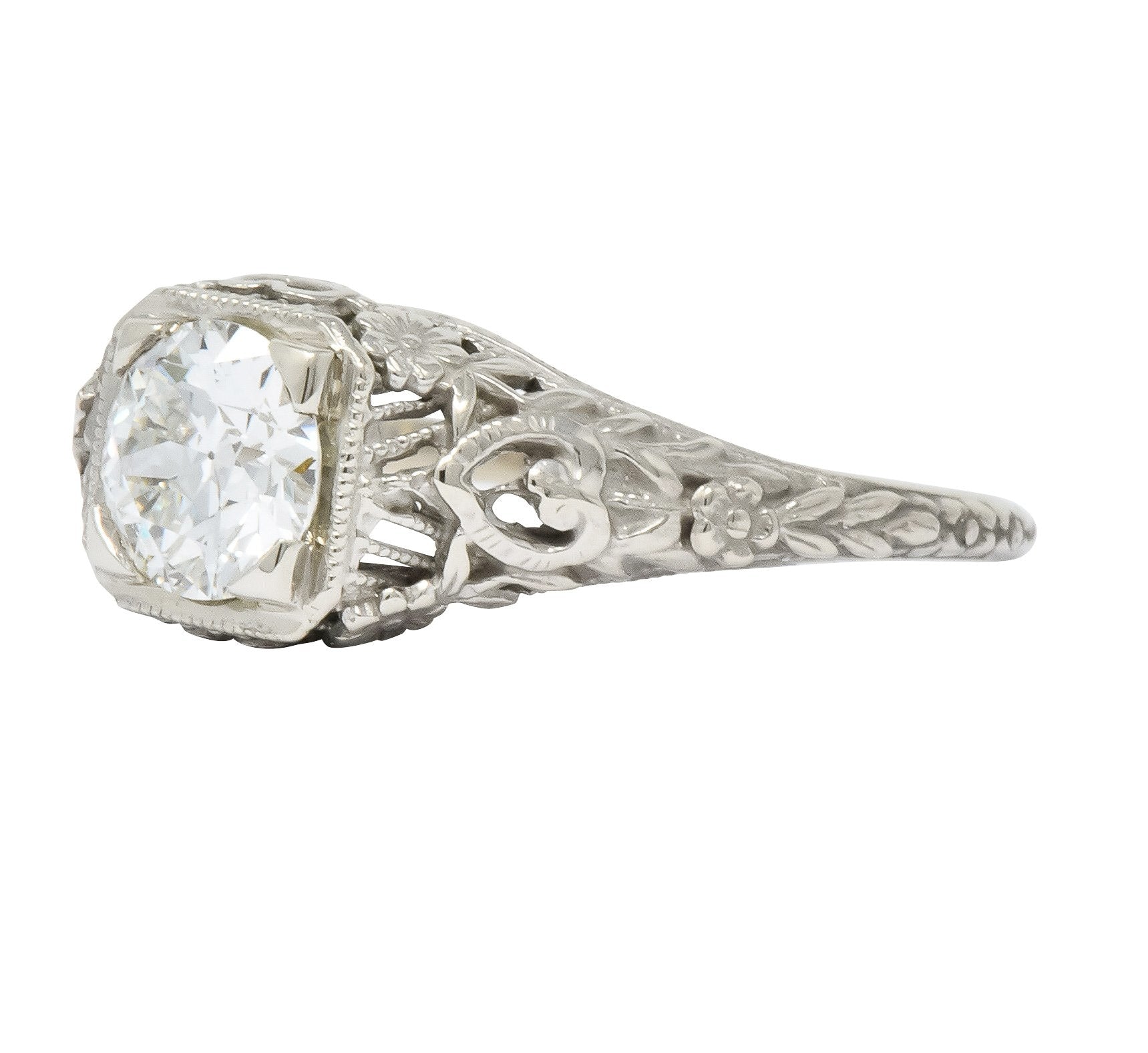 Romantic Edwardian 0.73 CTS Diamond 14 Karat White Gold Engagement Ring GIA - Wilson's Estate Jewelry