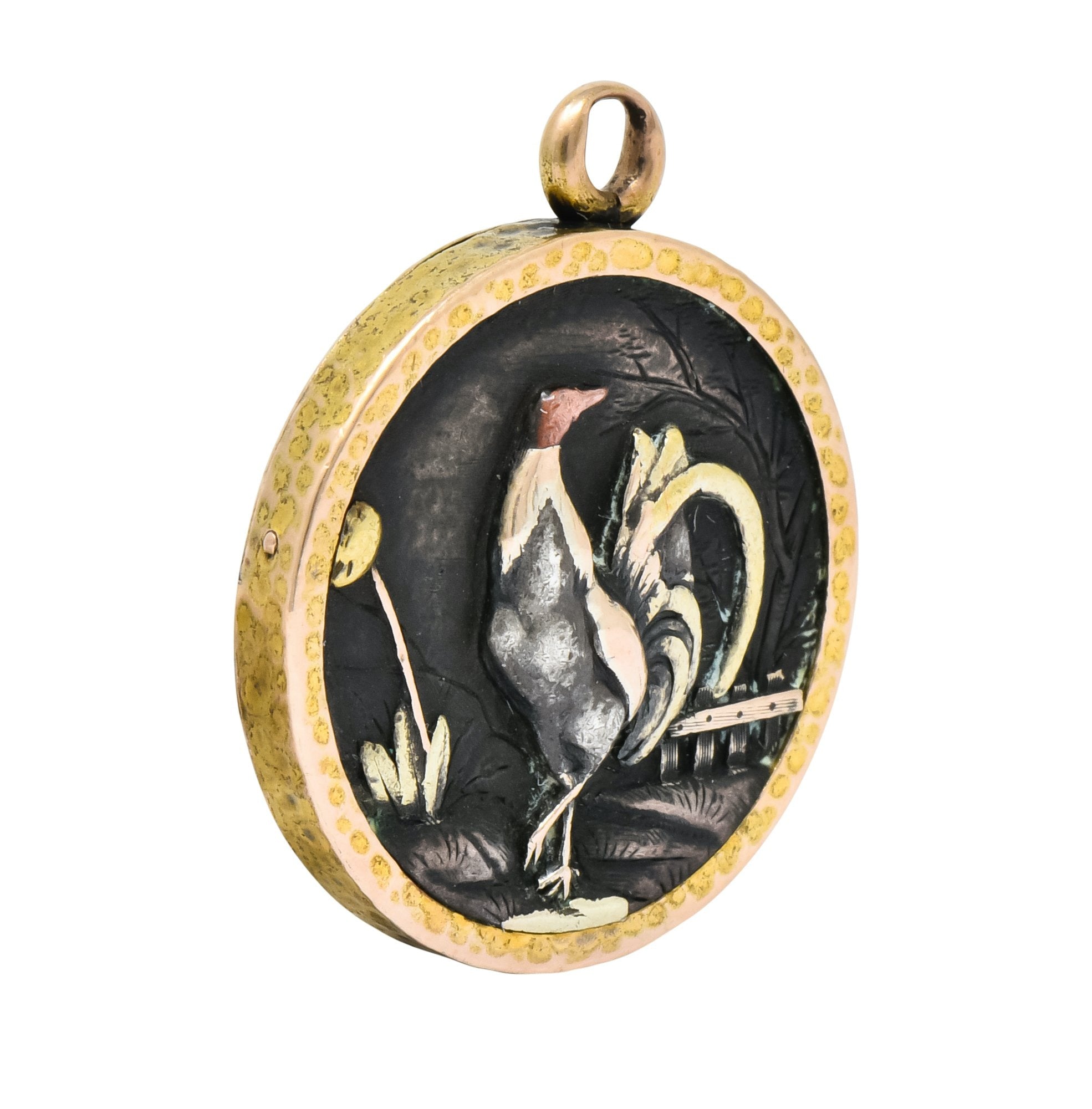 Victorian 14 Karat Gold Mixed Metal Shakudo Rooster Owl Pendant Charm - Wilson's Estate Jewelry