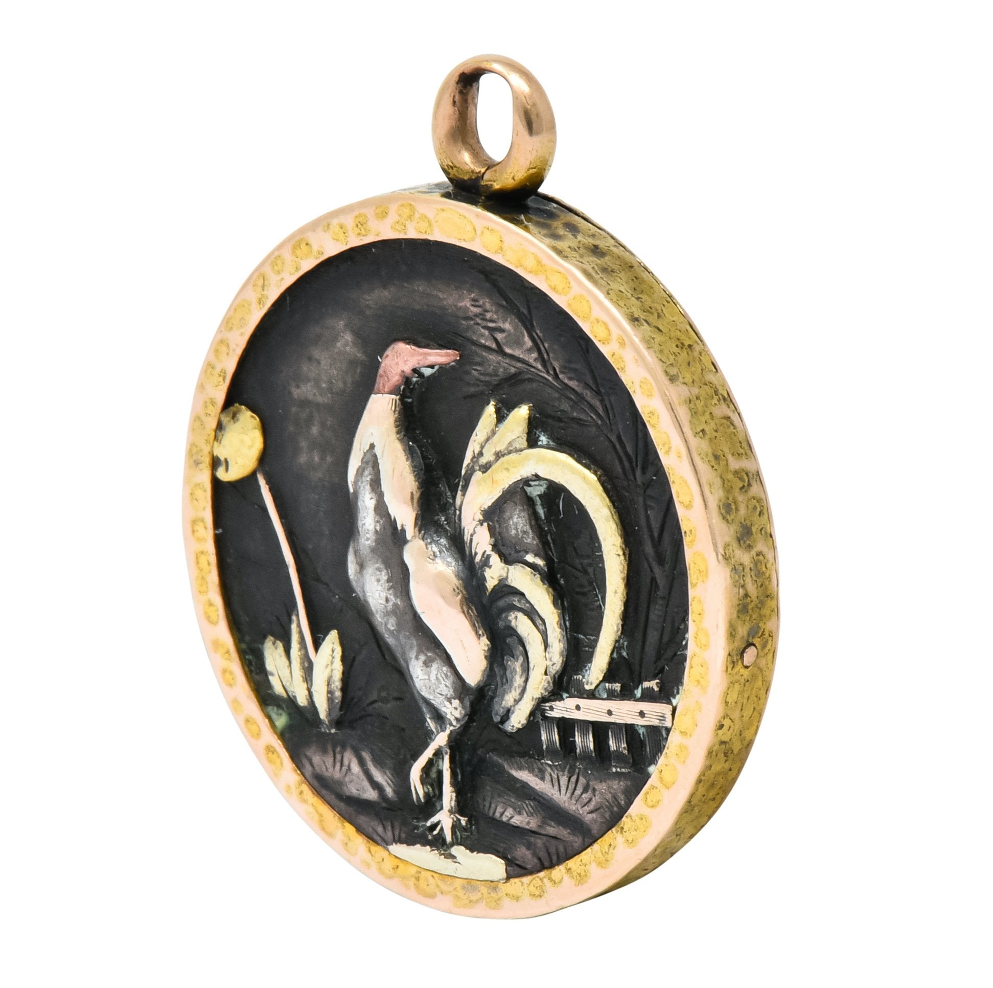 Victorian 14 Karat Gold Mixed Metal Shakudo Rooster Owl Pendant Charm - Wilson's Estate Jewelry