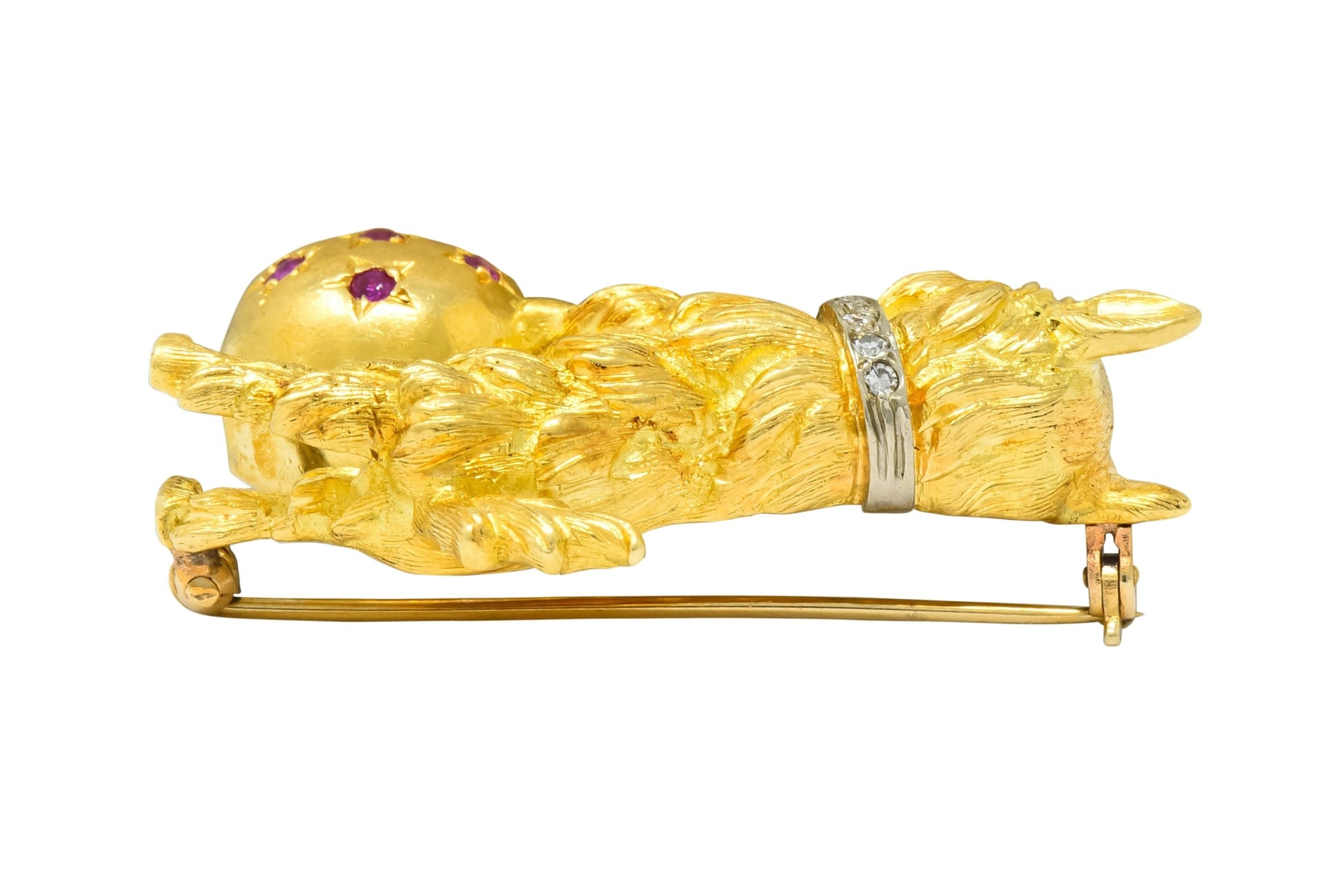 Spitzer & Furman Retro 18 Karat Yellow Gold Diamond Ruby Dog and Ball Brooch - Wilson's Estate Jewelry