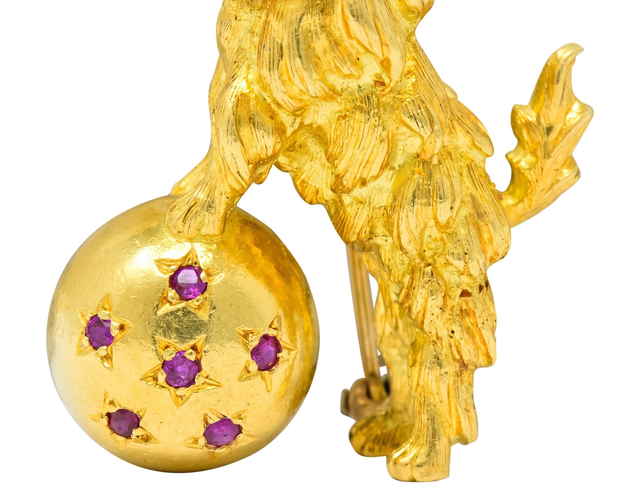 Spitzer & Furman Retro 18 Karat Yellow Gold Diamond Ruby Dog and Ball Brooch - Wilson's Estate Jewelry