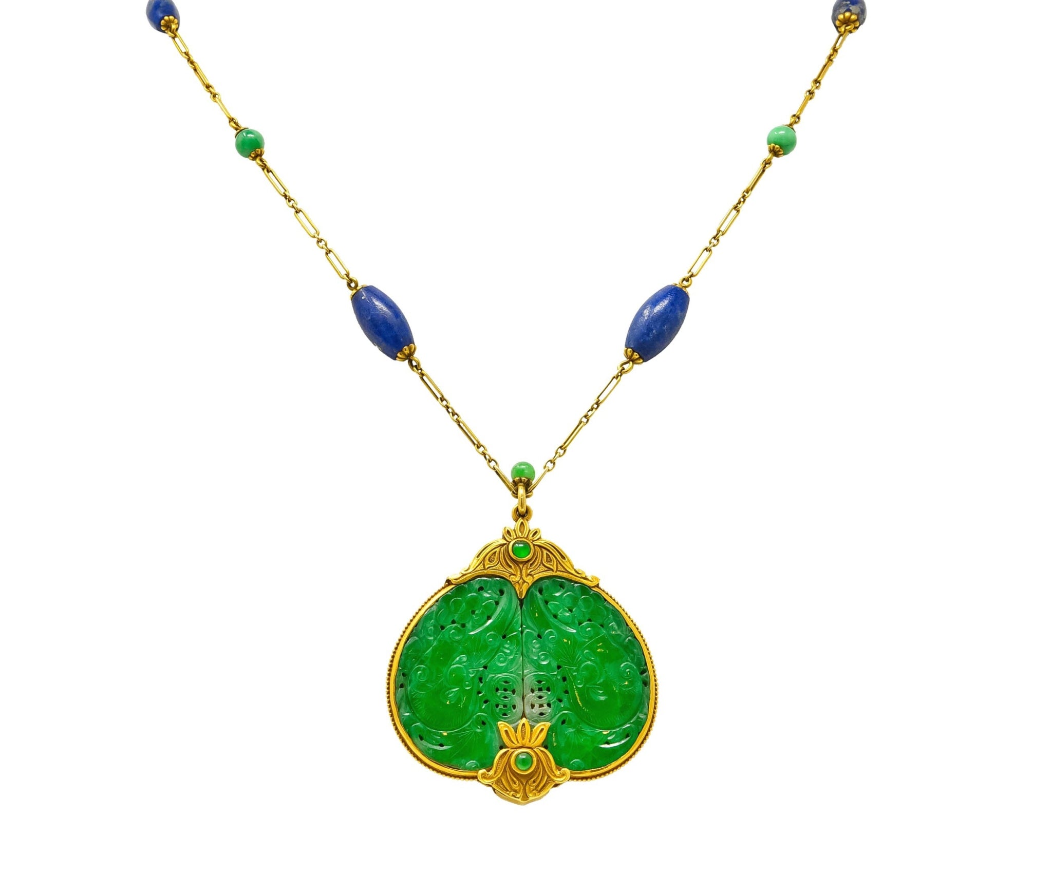 Substantial Arts & Crafts Jade Lapis 14 Karat Gold Medallion Necklace - Wilson's Estate Jewelry