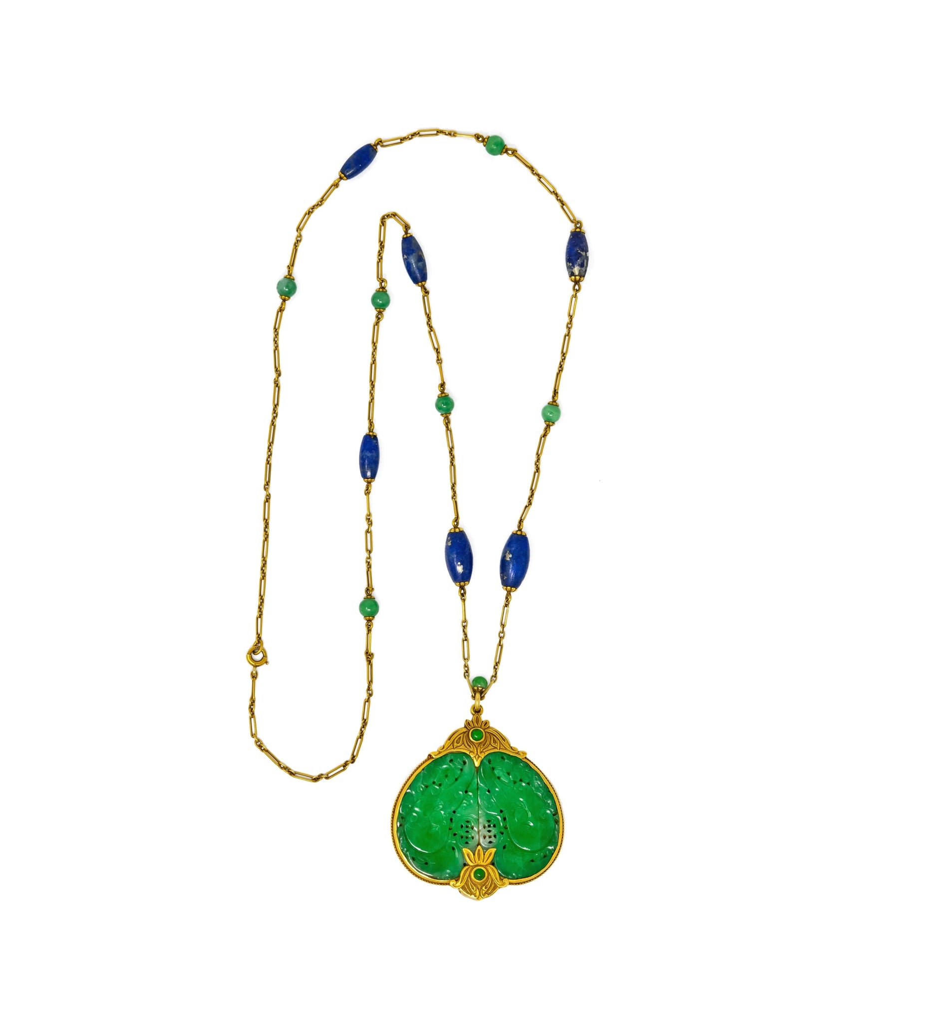 Substantial Arts & Crafts Jade Lapis 14 Karat Gold Medallion Necklace - Wilson's Estate Jewelry