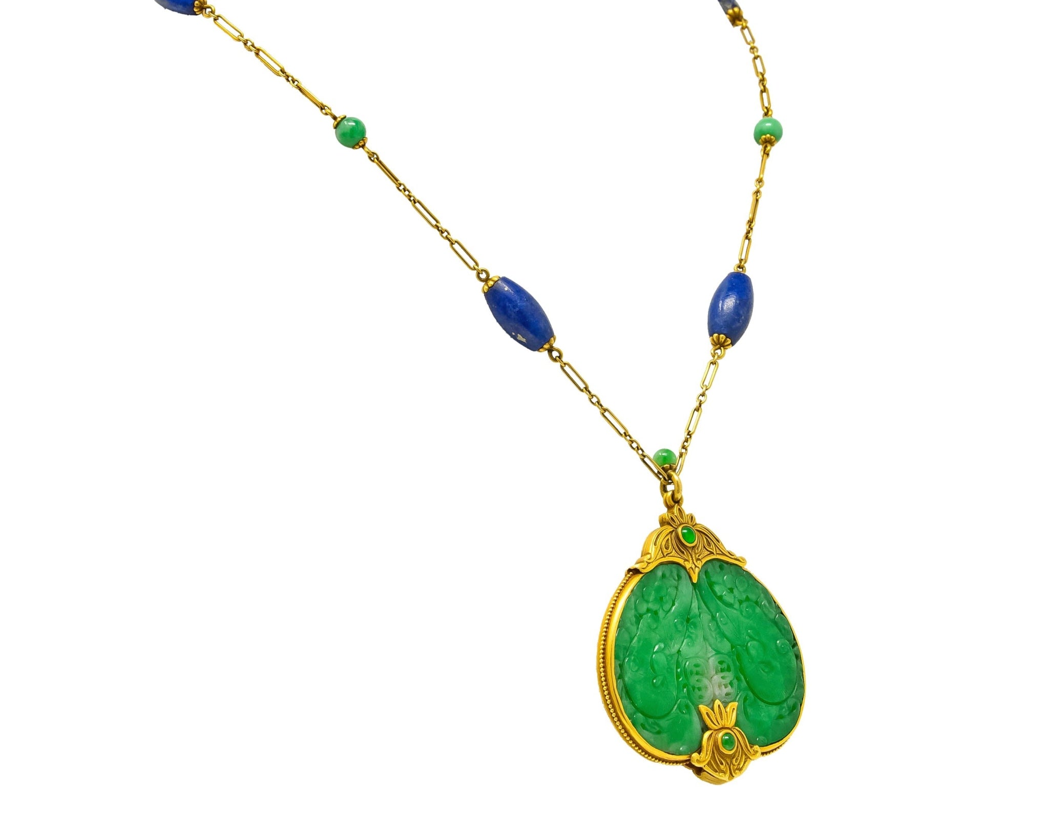 Substantial Arts & Crafts Jade Lapis 14 Karat Gold Medallion Necklace - Wilson's Estate Jewelry