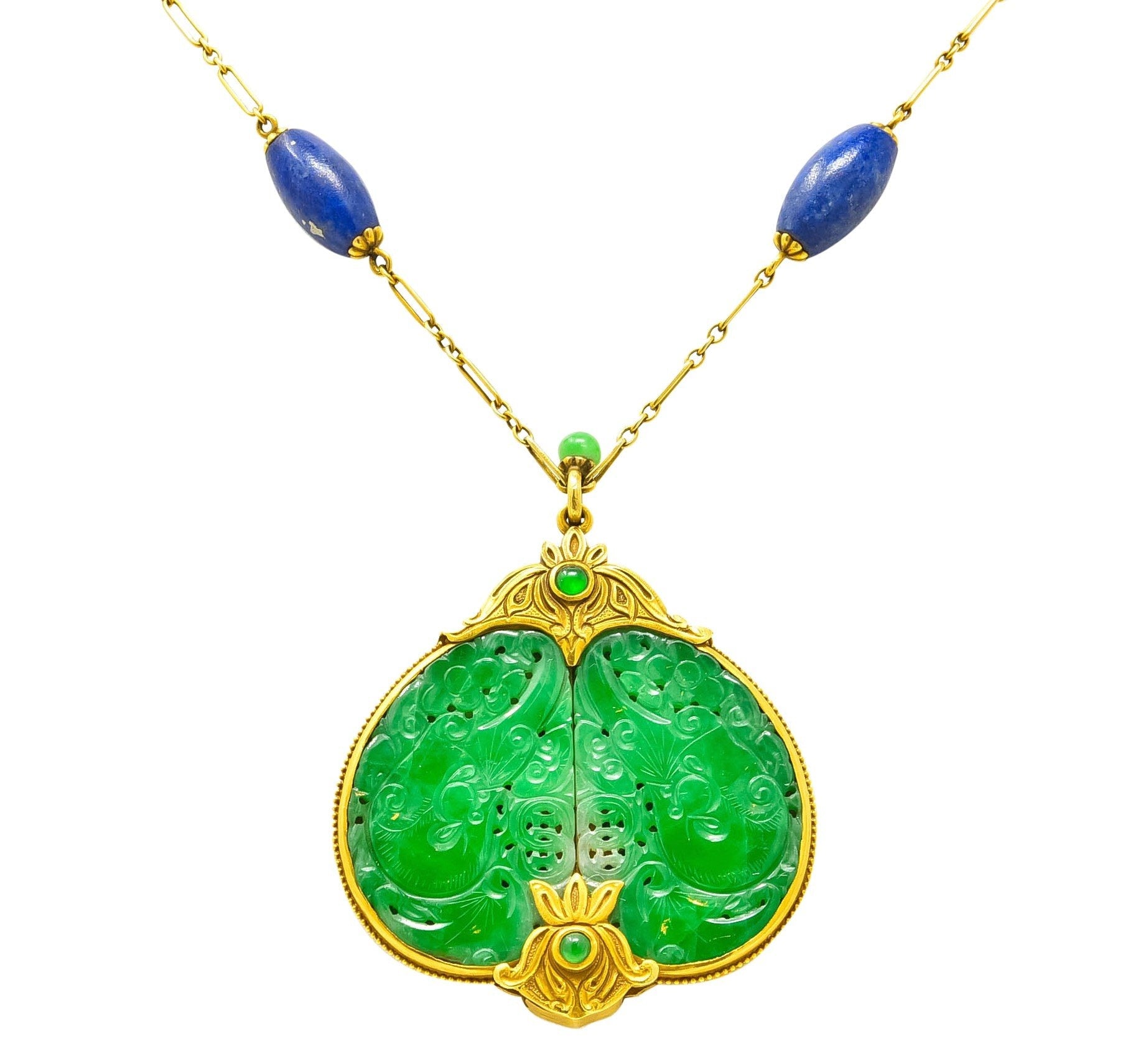 Substantial Arts & Crafts Jade Lapis 14 Karat Gold Medallion Necklace - Wilson's Estate Jewelry