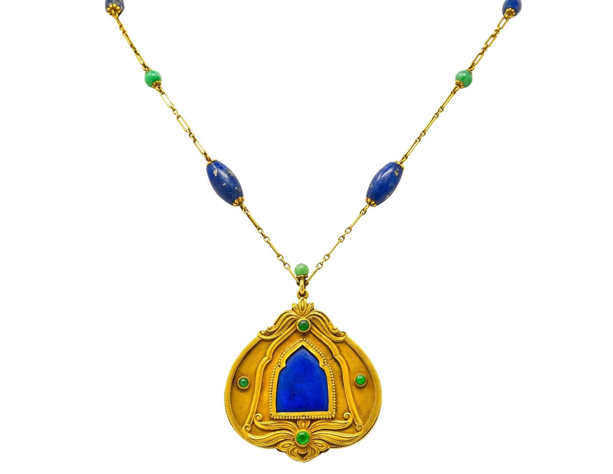 Substantial Arts & Crafts Jade Lapis 14 Karat Gold Medallion Necklace - Wilson's Estate Jewelry