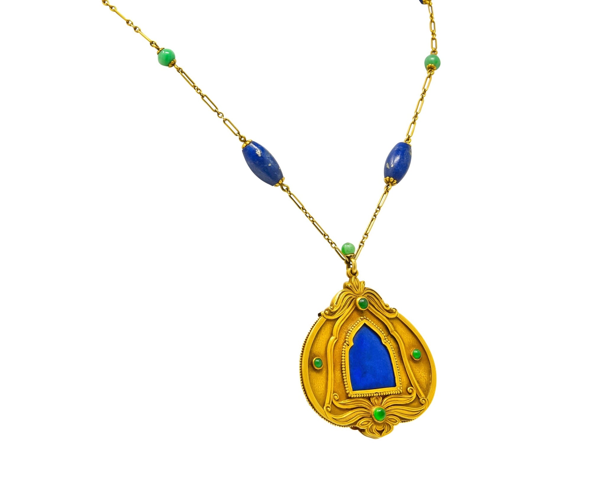 Substantial Arts & Crafts Jade Lapis 14 Karat Gold Medallion Necklace - Wilson's Estate Jewelry