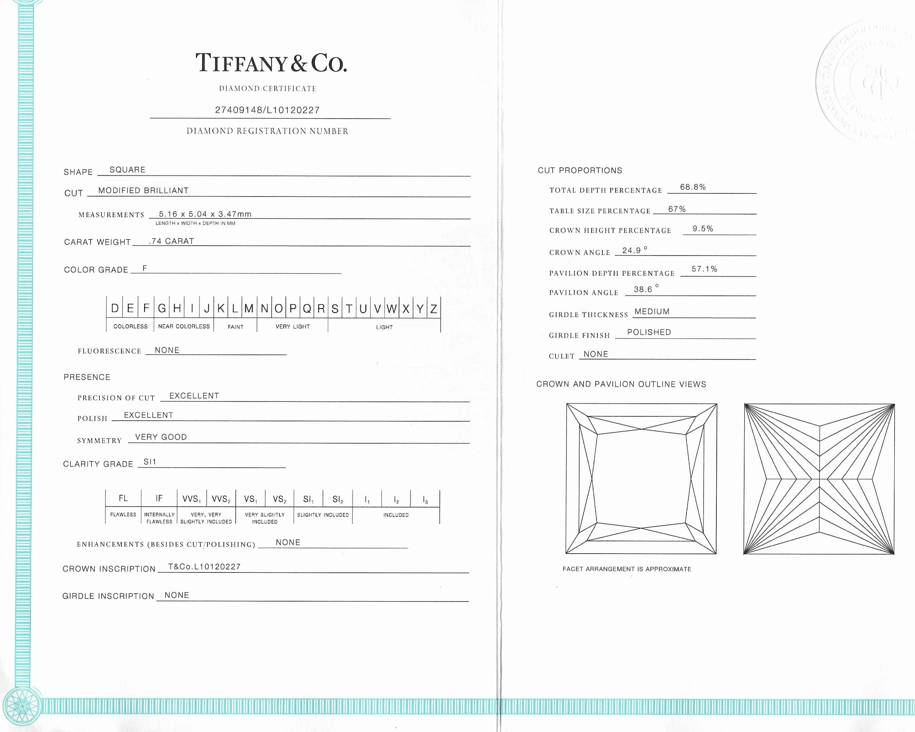 Tiffany & Co. 0.74 Carat Princess Cut Diamond Platinum Solitaire Engagement Ring - Wilson's Estate Jewelry