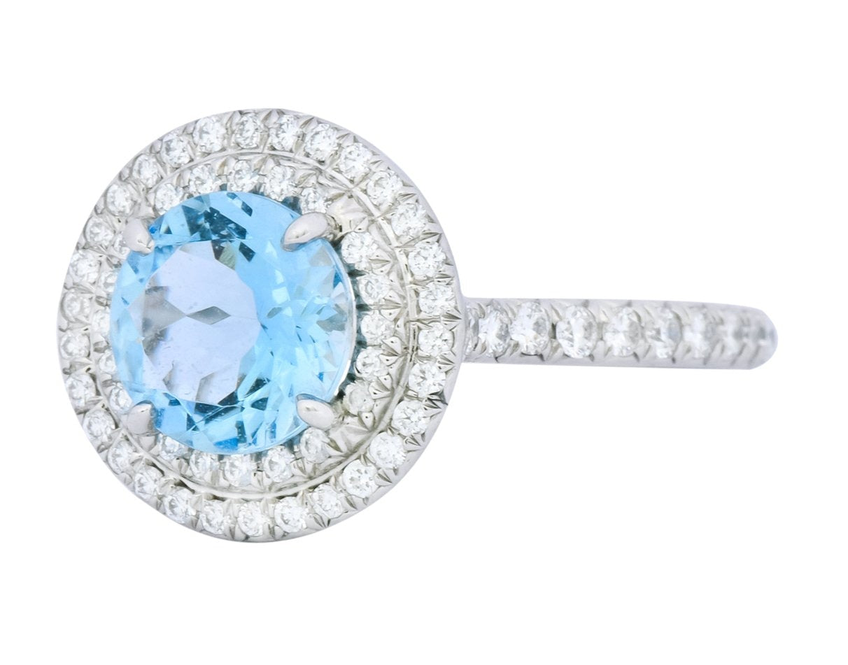 Tiffany & Co. 1.85 CTW Aquamarine Diamond Platinum Soleste Cluster Ring - Wilson's Estate Jewelry