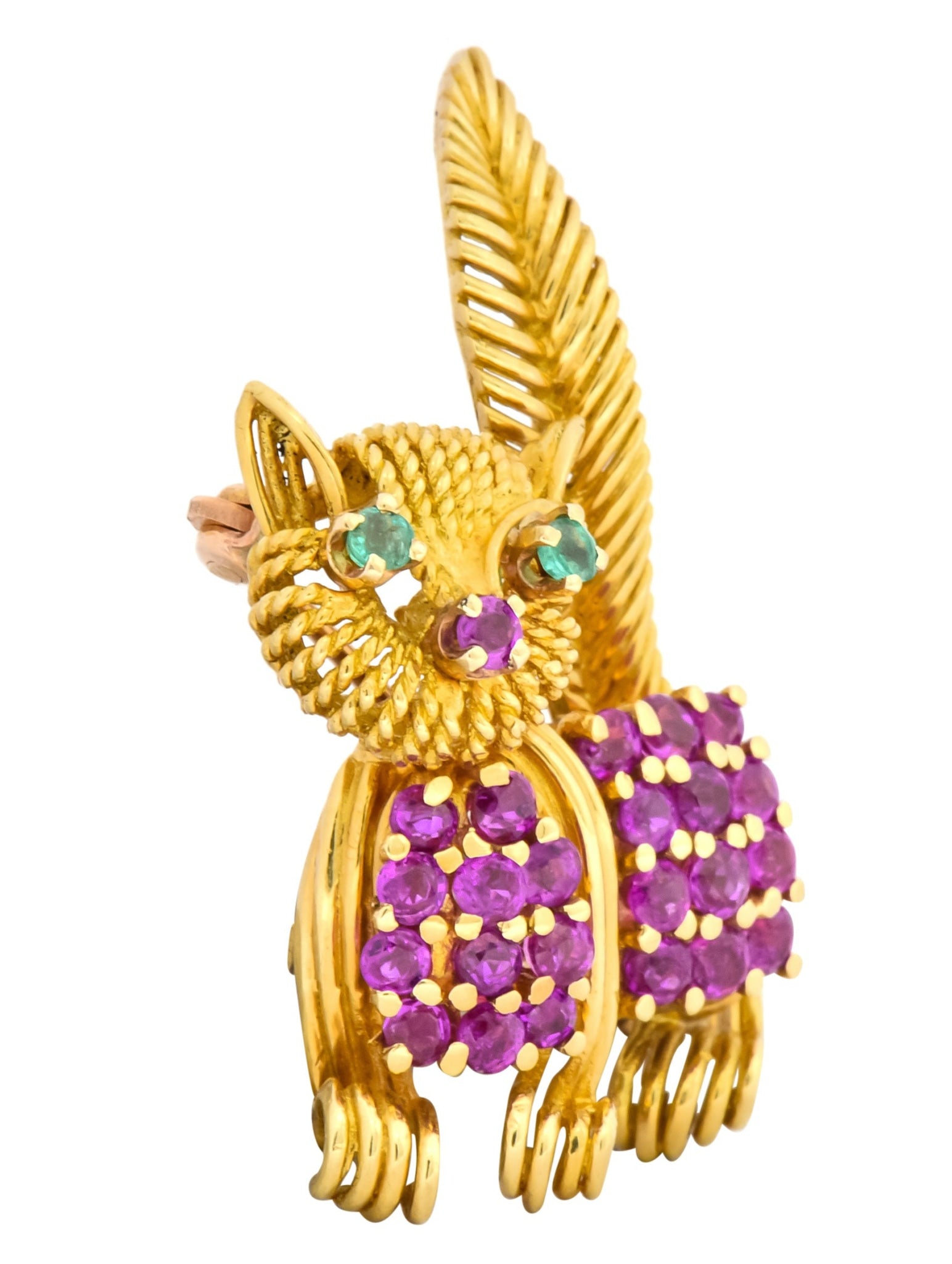 Tiffany & Co. 1960's 1.50 CTW Ruby Emerald 18 Karat Yellow Gold Prancing Cat Brooch - Wilson's Estate Jewelry