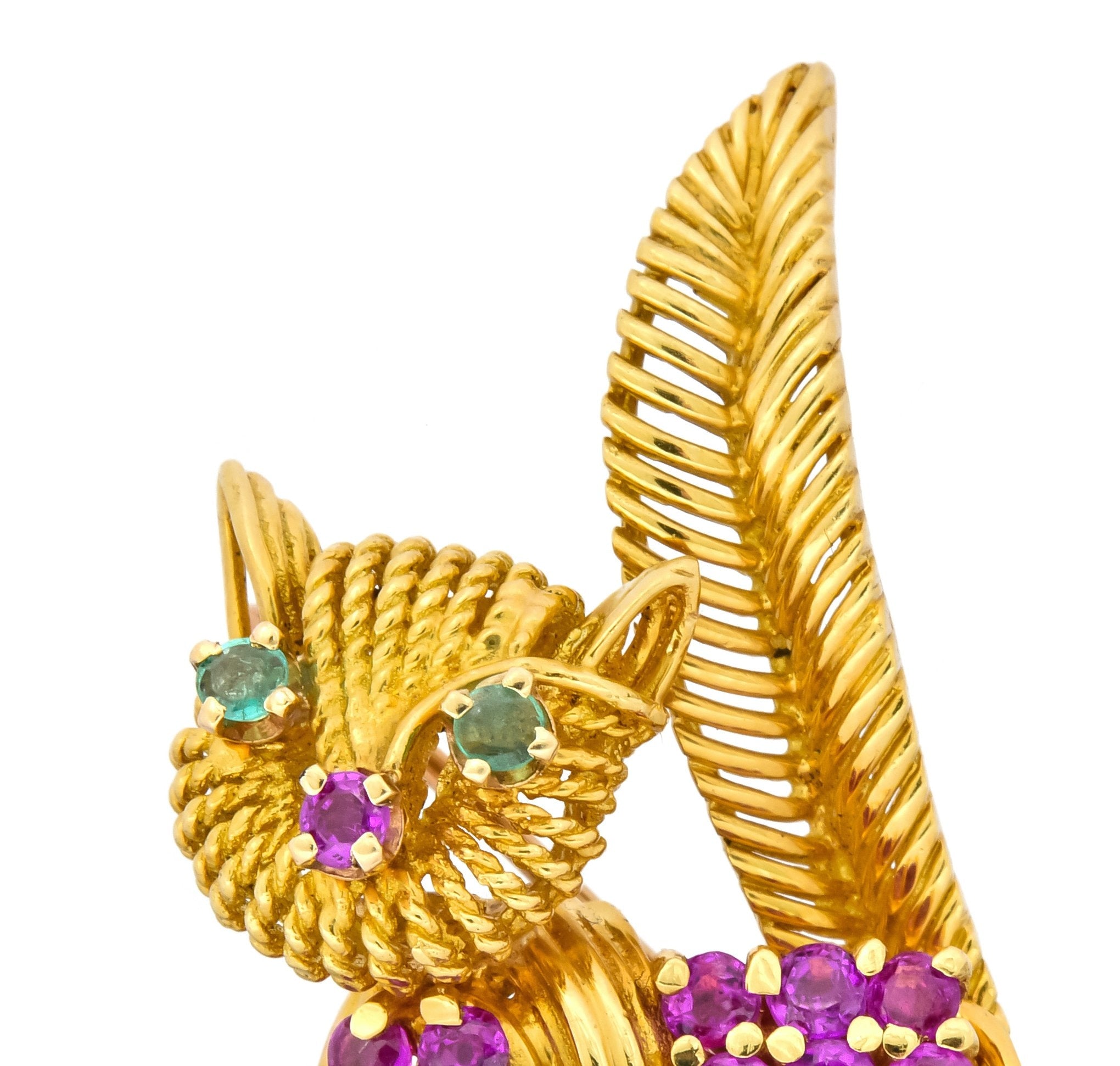 Tiffany & Co. 1960's 1.50 CTW Ruby Emerald 18 Karat Yellow Gold Prancing Cat Brooch - Wilson's Estate Jewelry