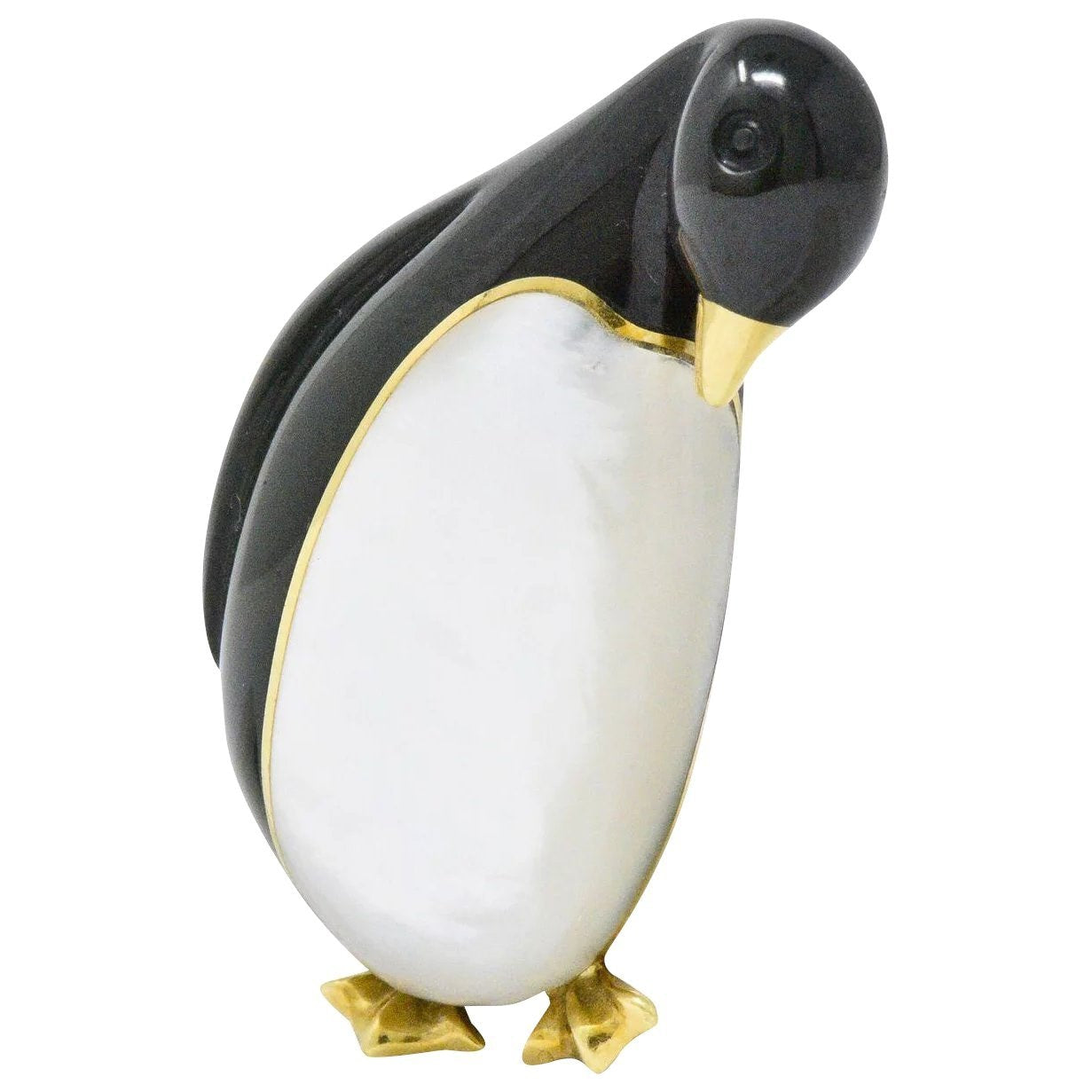 Tiffany & Co. 1970's Black Jade Mother-Of-Pearl 18 Karat Gold Penguin Brooch Wilson's Estate Jewelry