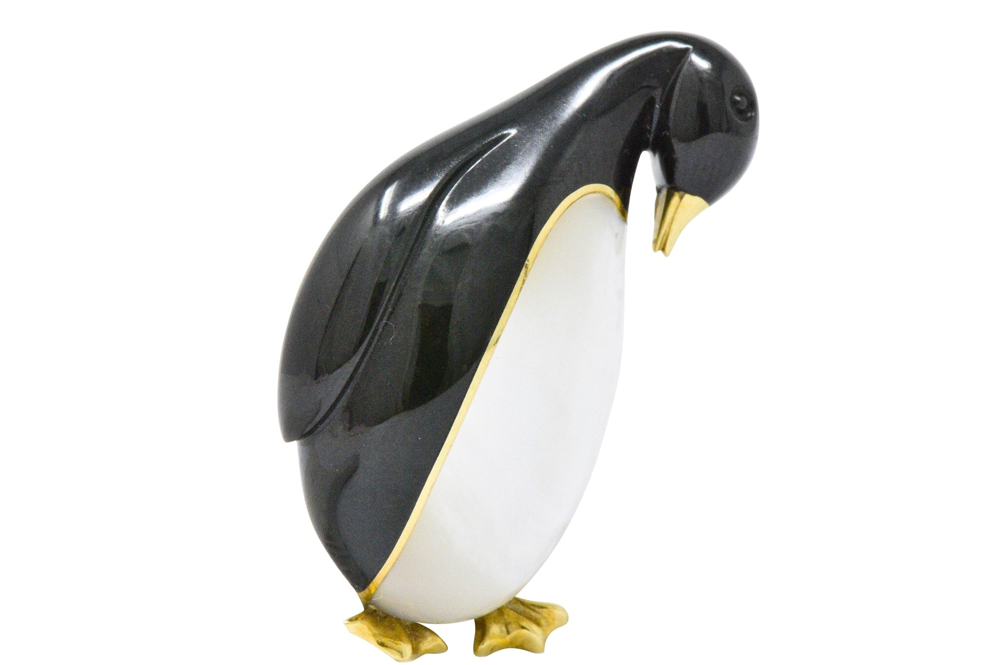 Tiffany & Co. 1970's Black Jade Mother-Of-Pearl 18 Karat Gold Penguin Brooch Wilson's Estate Jewelry