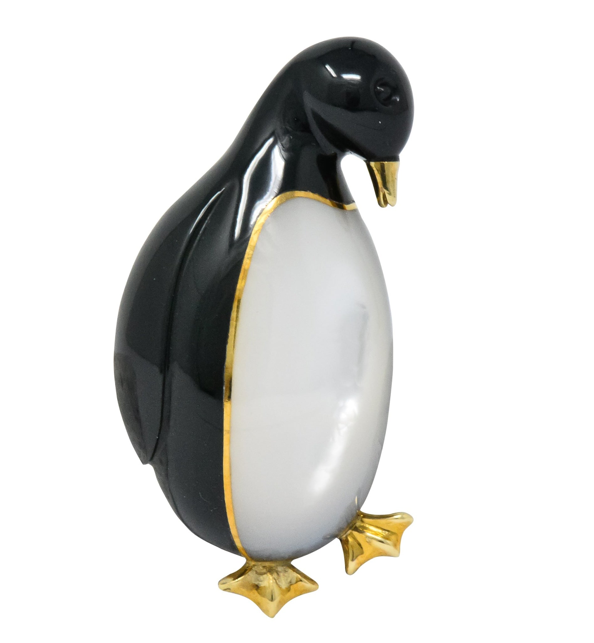 Tiffany & Co. 1970's Black Jade Mother-Of-Pearl 18 Karat Gold Penguin Brooch - Wilson's Estate Jewelry