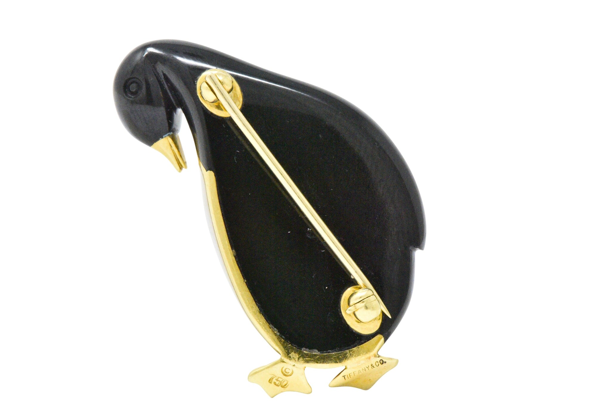 Tiffany & Co. 1970's Black Jade Mother-Of-Pearl 18 Karat Gold Penguin Brooch Wilson's Estate Jewelry