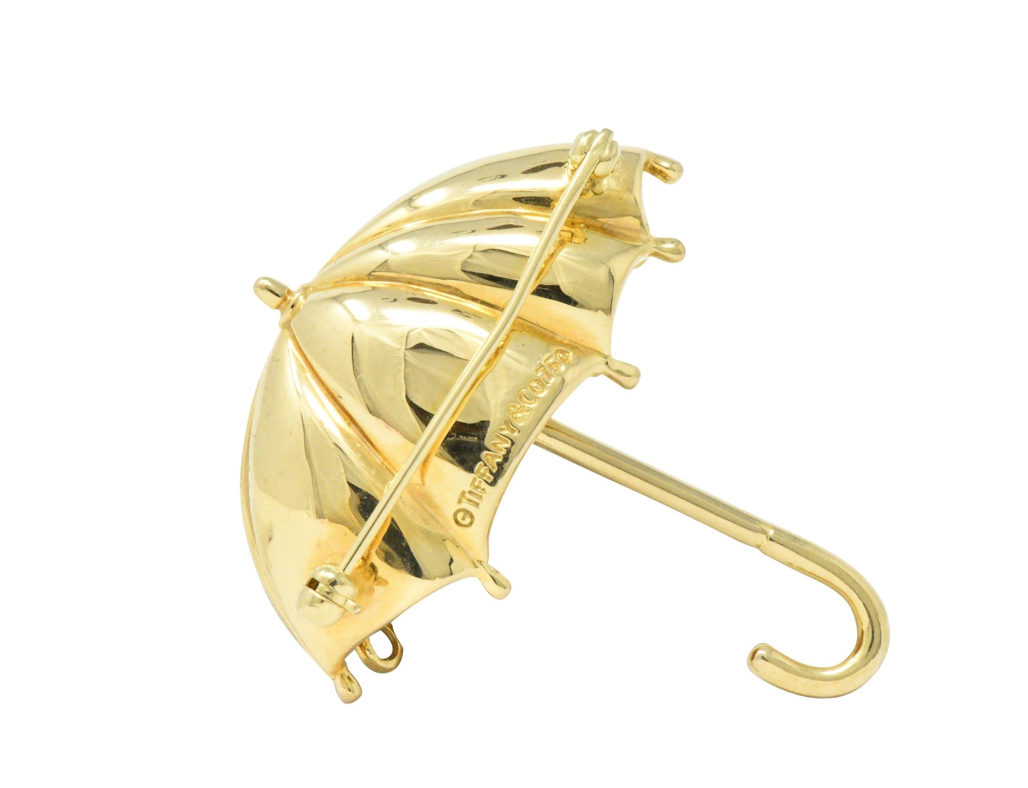 Tiffany & Co. 1980's 0.18 CTW Diamond 18 Karat Gold Umbrella Brooch Wilson's Estate Jewelry