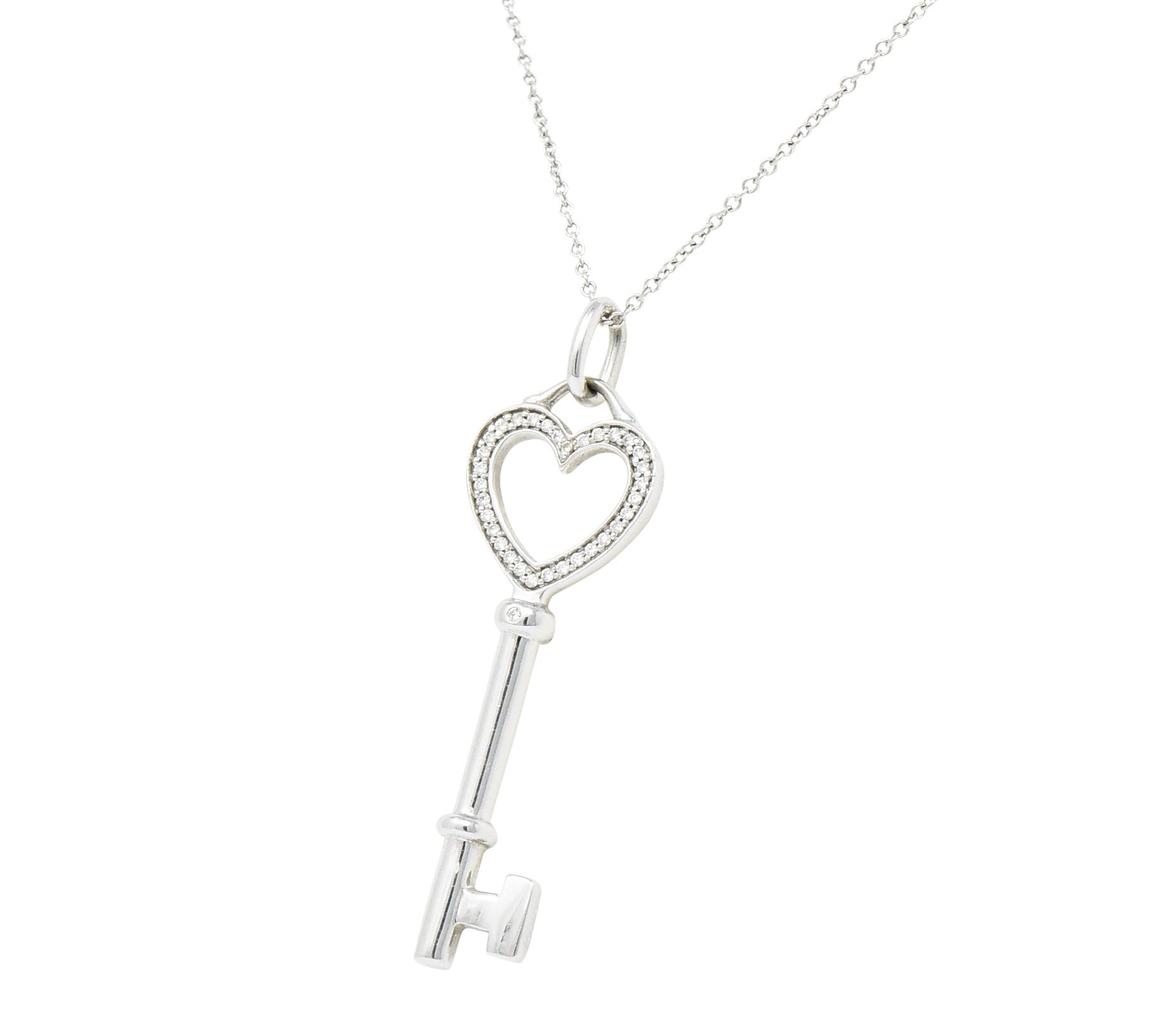 Tiffany & Co. Diamond 18 Karat White Gold Heart Key Pendant Necklace Wilson's Estate Jewelry