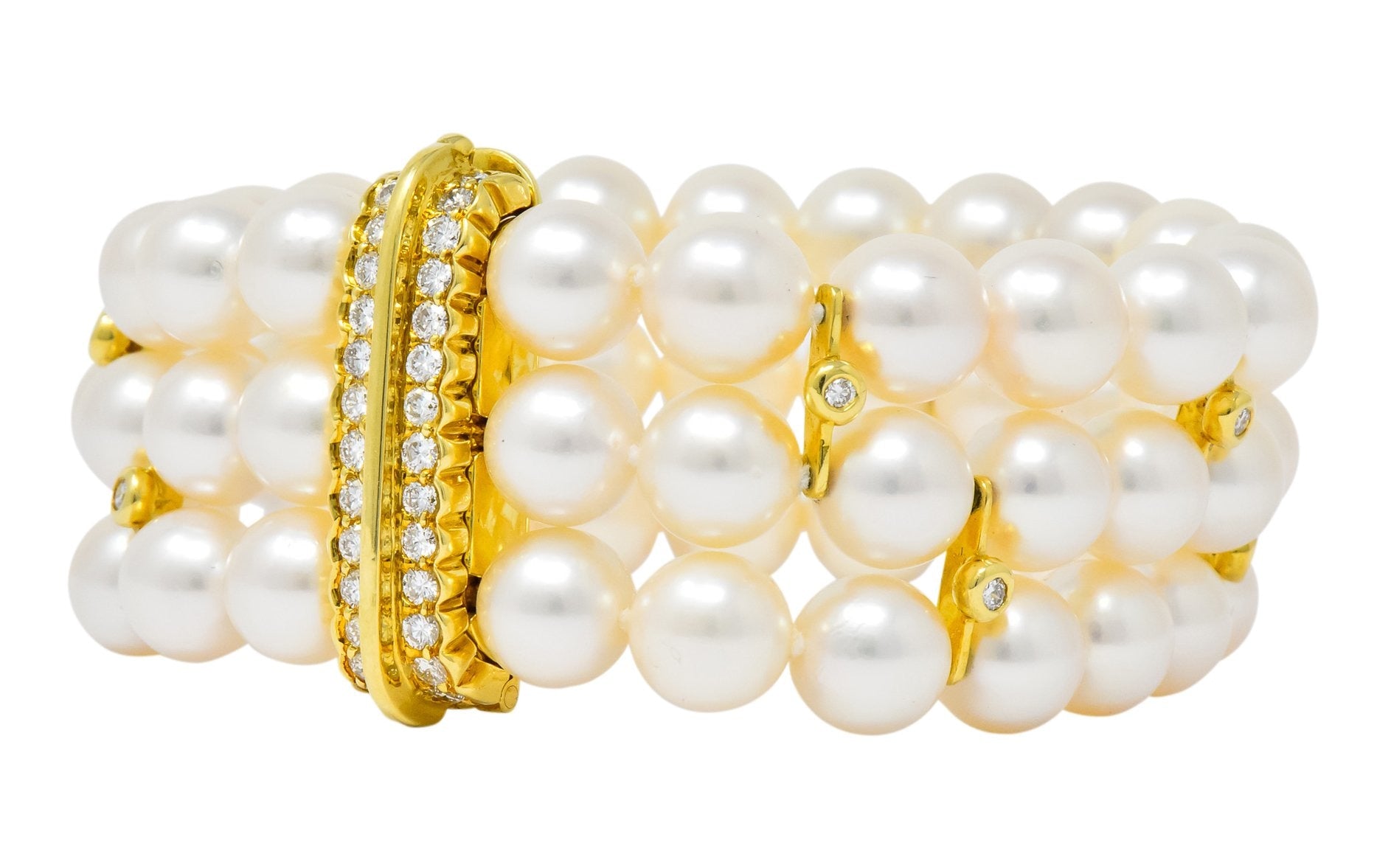 Tiffany & Co. Diamond Natural Cultured Pearl 18 Karat Yellow Gold Triple Strand Bracelet - Wilson's Estate Jewelry