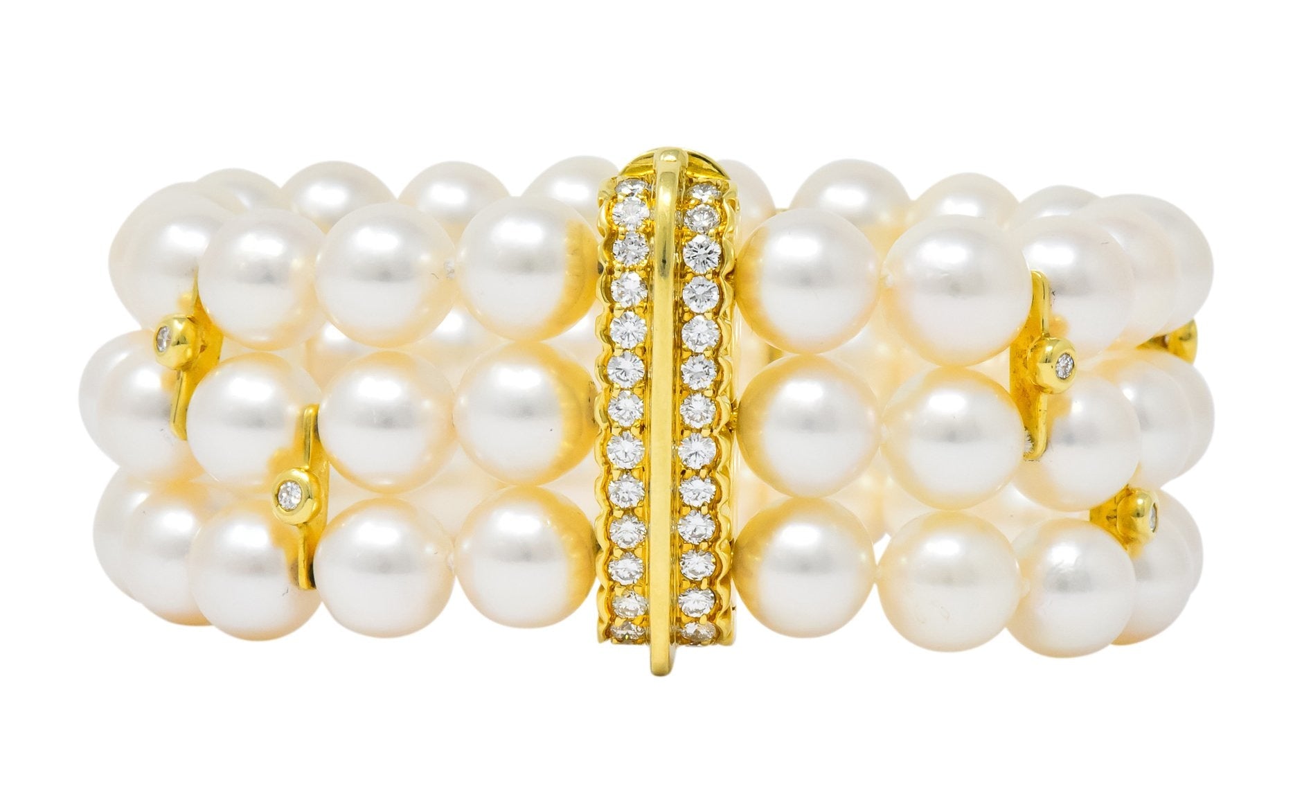 Tiffany & Co. Diamond Natural Cultured Pearl 18 Karat Yellow Gold Triple Strand Bracelet - Wilson's Estate Jewelry