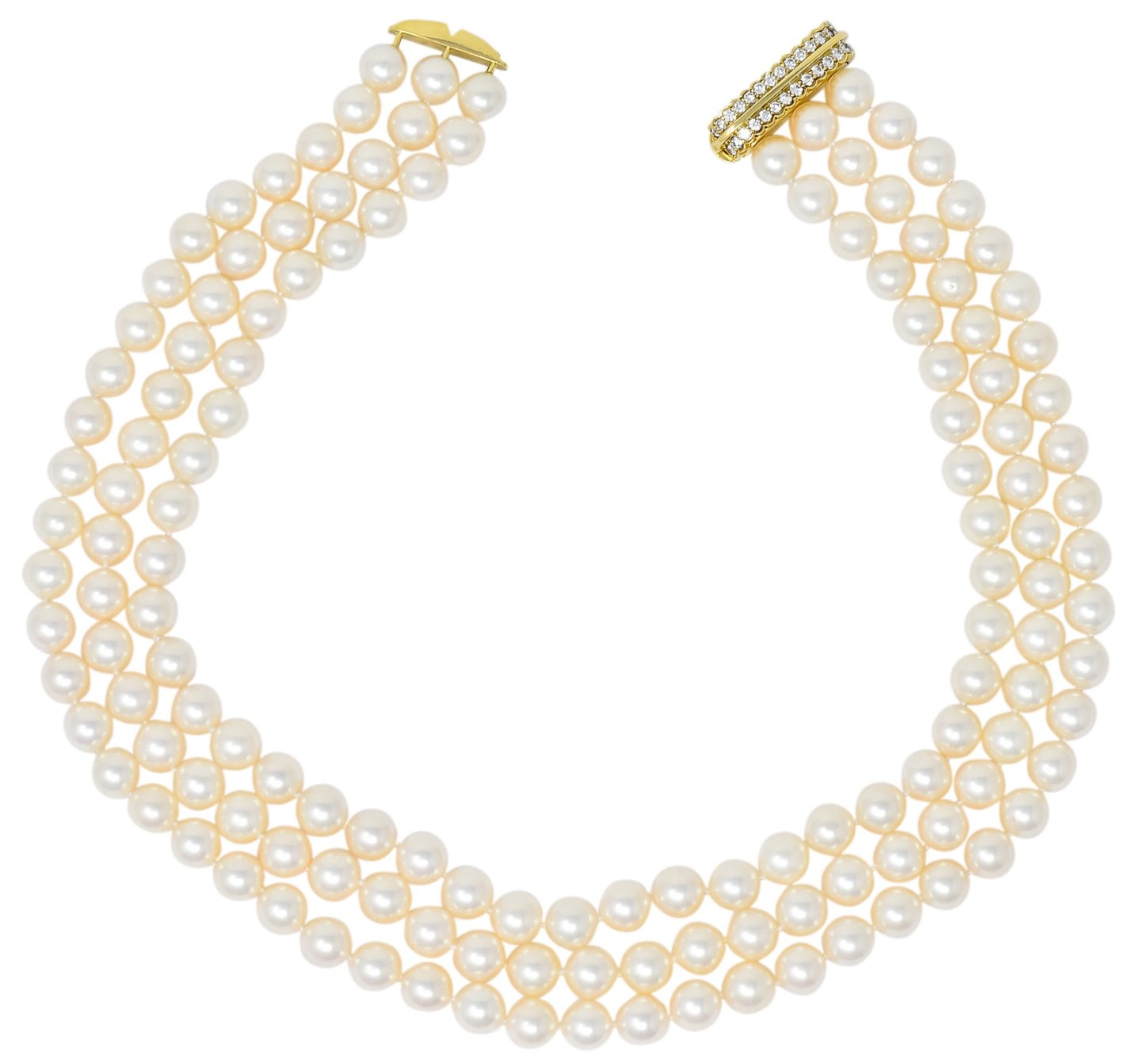 Tiffany & Co. Diamond Pearl 18 Karat Yellow Gold Triple Strand Necklace - Wilson's Estate Jewelry