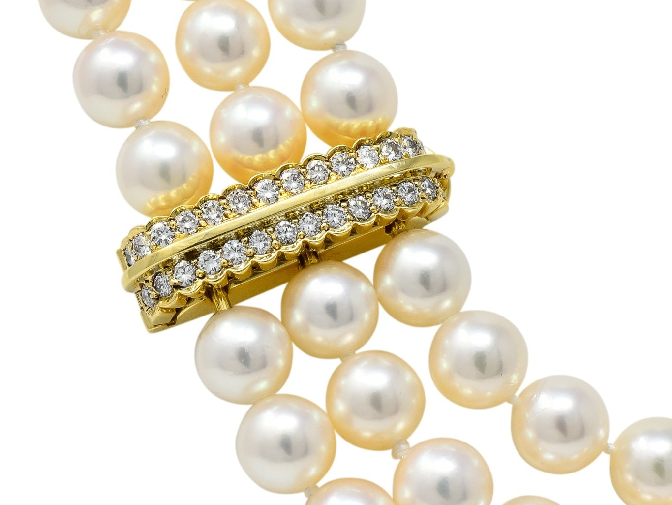 Tiffany & Co. Diamond Pearl 18 Karat Yellow Gold Triple Strand Necklace - Wilson's Estate Jewelry