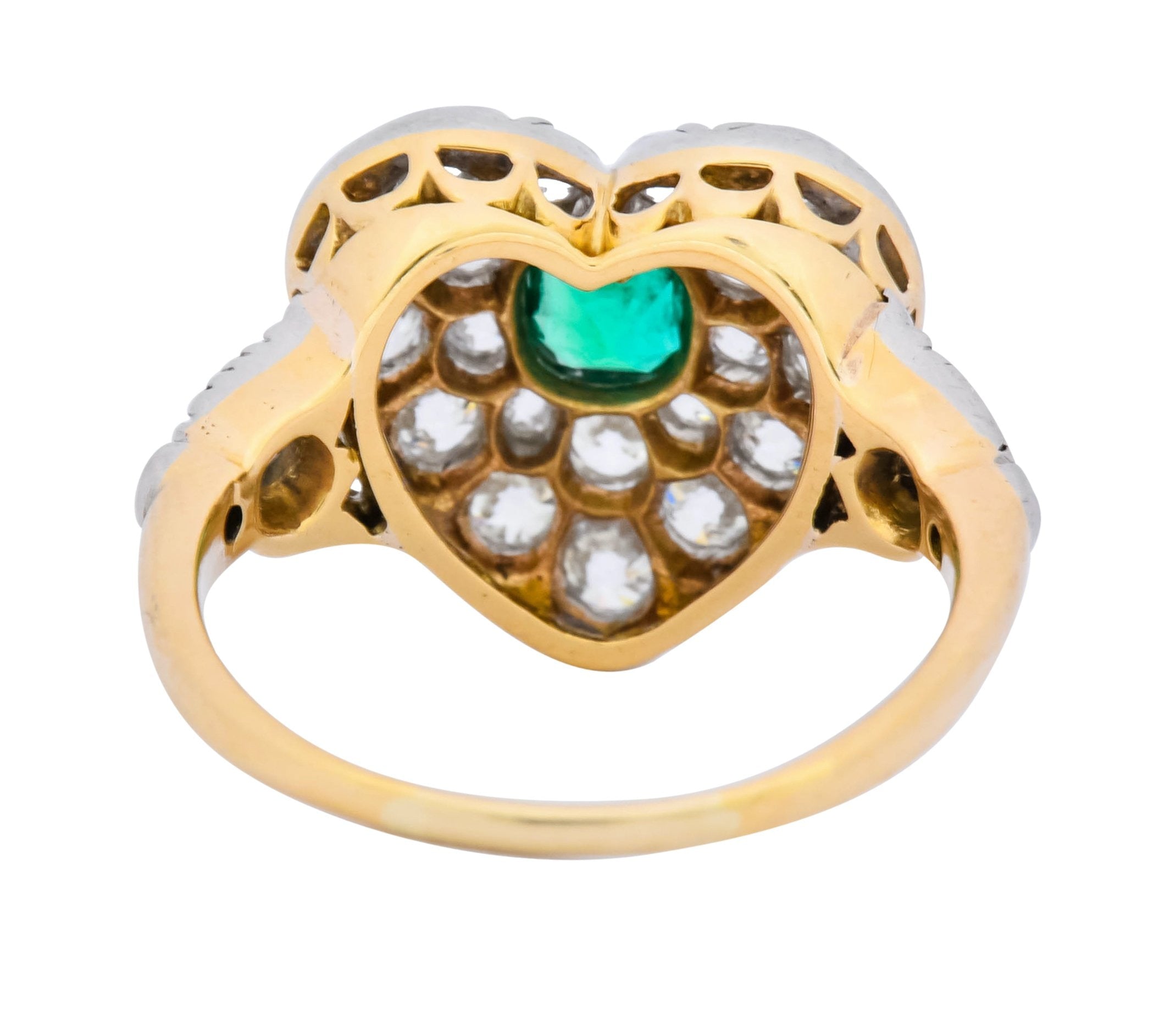 Tiffany & Co. Edwardian 1.54 CTW Emerald Diamond Platinum-Topped 18 Karat Gold Heart Cluster Ring - Wilson's Estate Jewelry